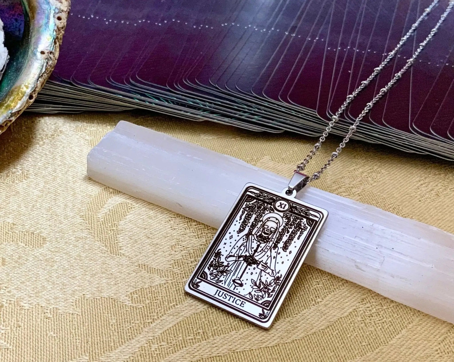 justice tarot card necklace