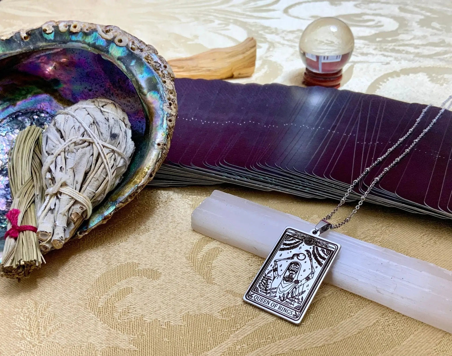 Queen of Rings Tarot Card Necklace