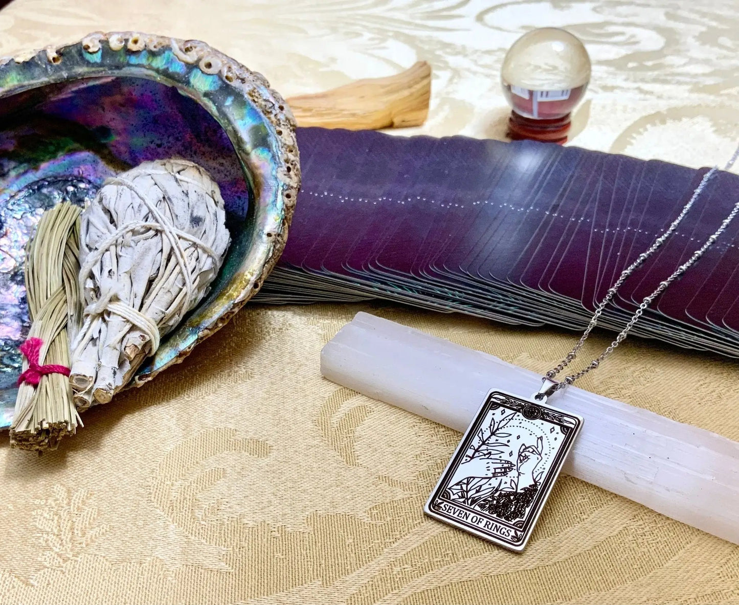 seven of rings tarot card necklace