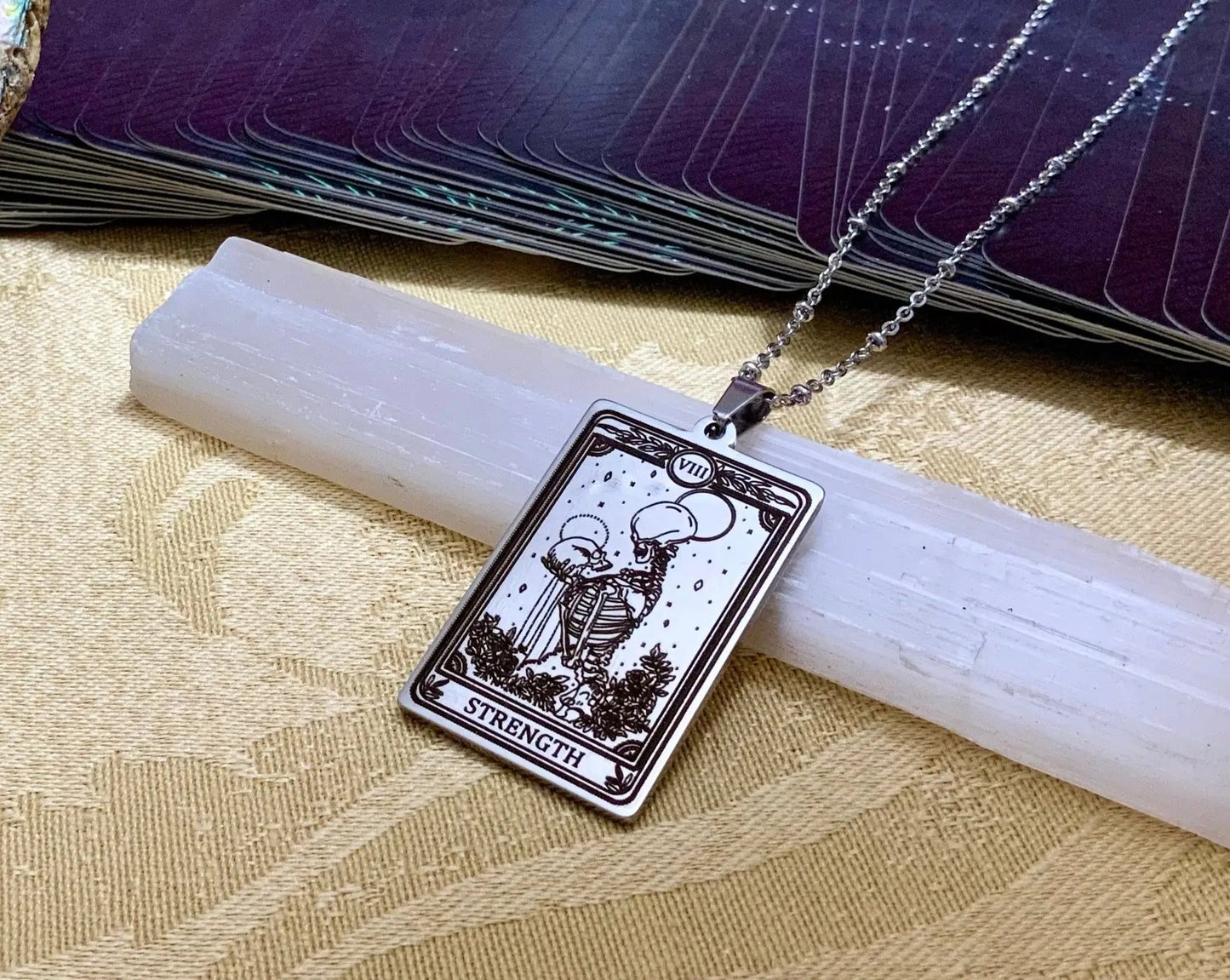 strength tarot card necklace pendant - silver tarot