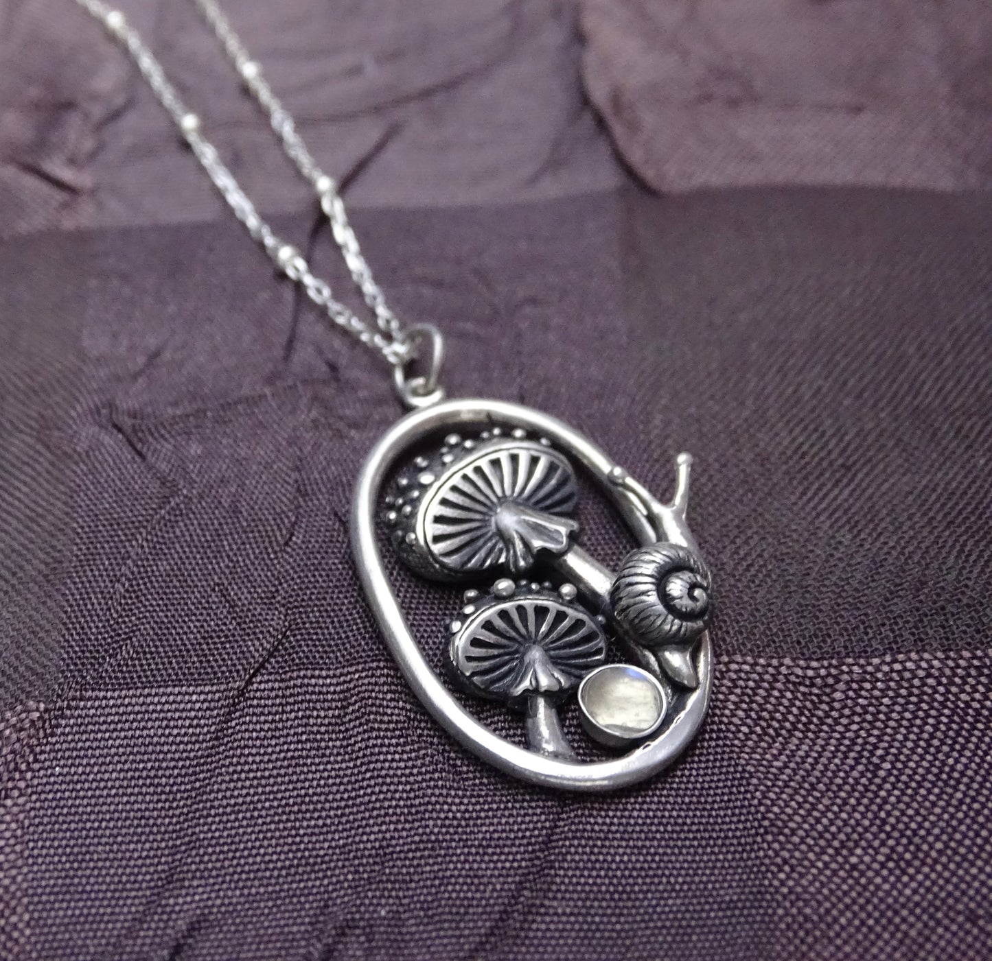 Enchanting Mushroom Snail Pendant, Sterling Silver with Iridescent Moonstone