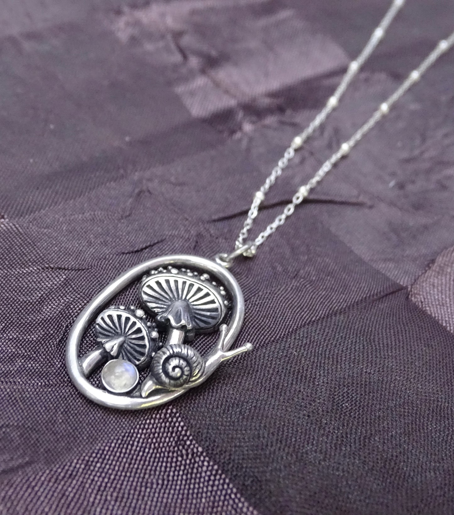 Enchanting Mushroom Snail Pendant, Sterling Silver with Iridescent Moonstone
