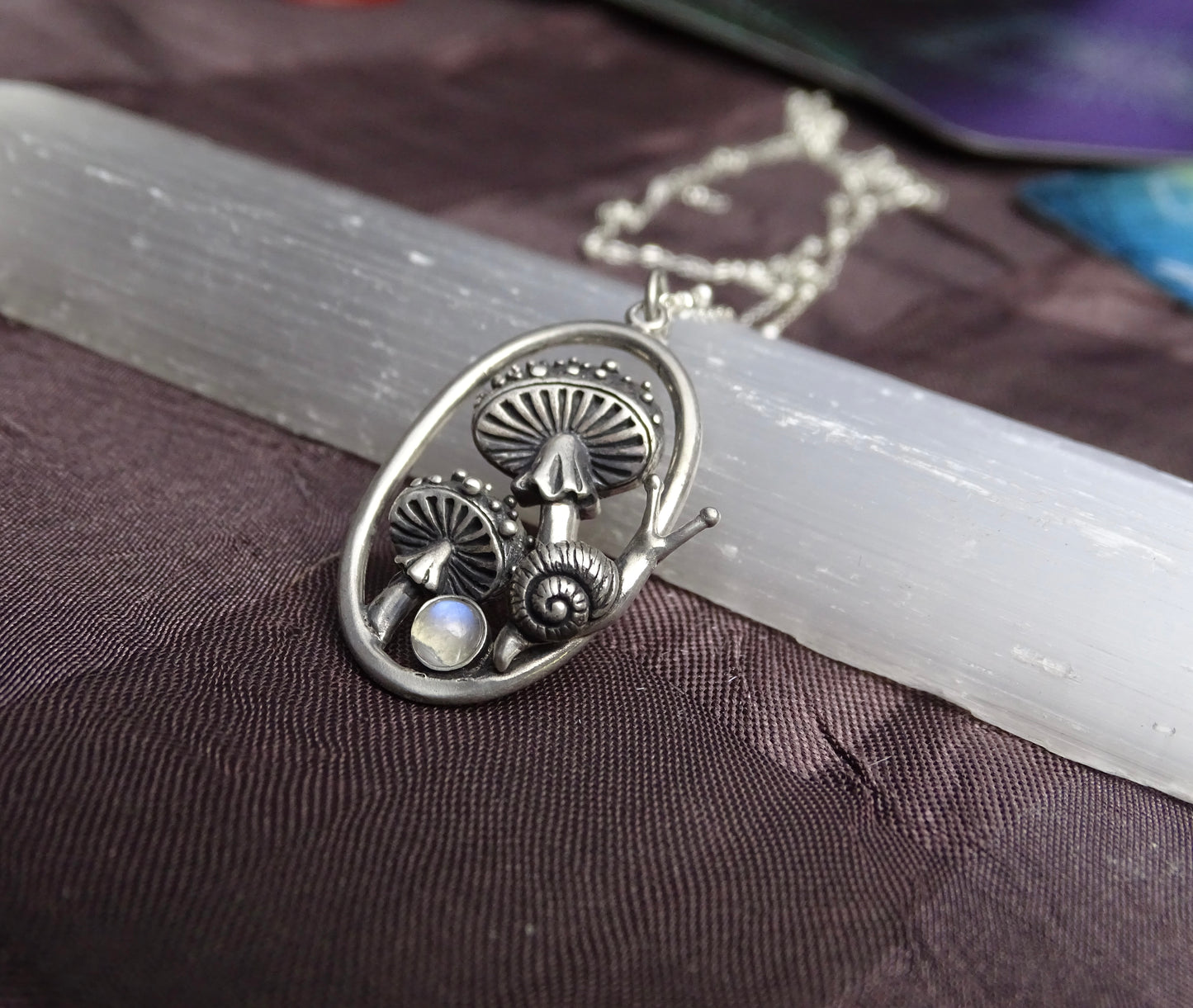 Enchanting Mushroom Snail Pendant, Sterling Silver with Iridescent Moonstone