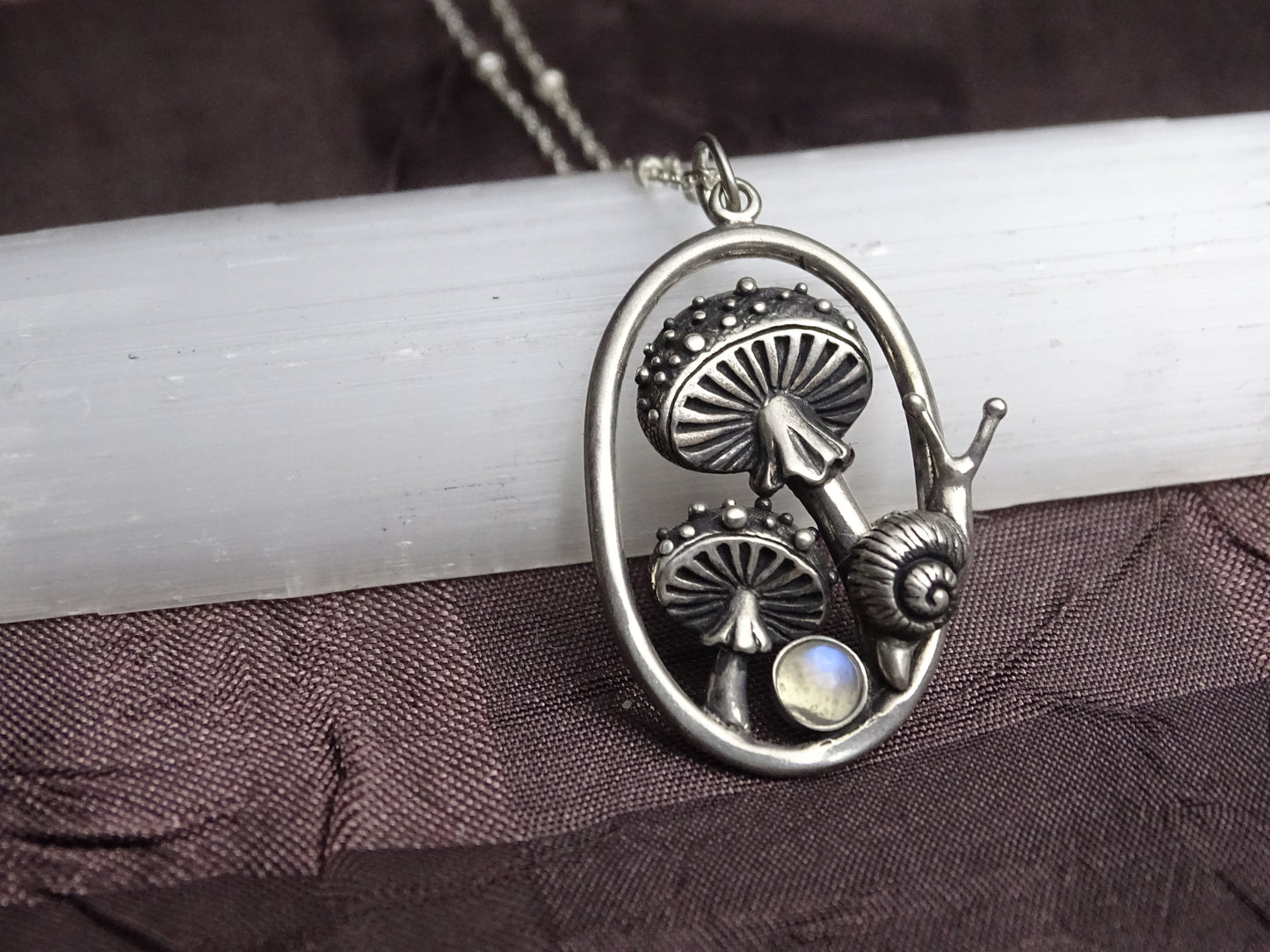 Enchanting Mushroom Snail Pendant, Sterling Silver with Iridescent Moonstone