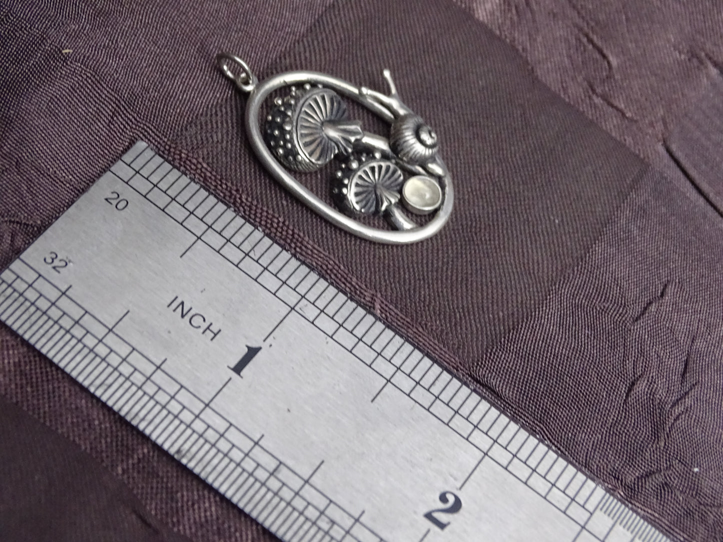 Enchanting Mushroom Snail Pendant, Sterling Silver with Iridescent Moonstone