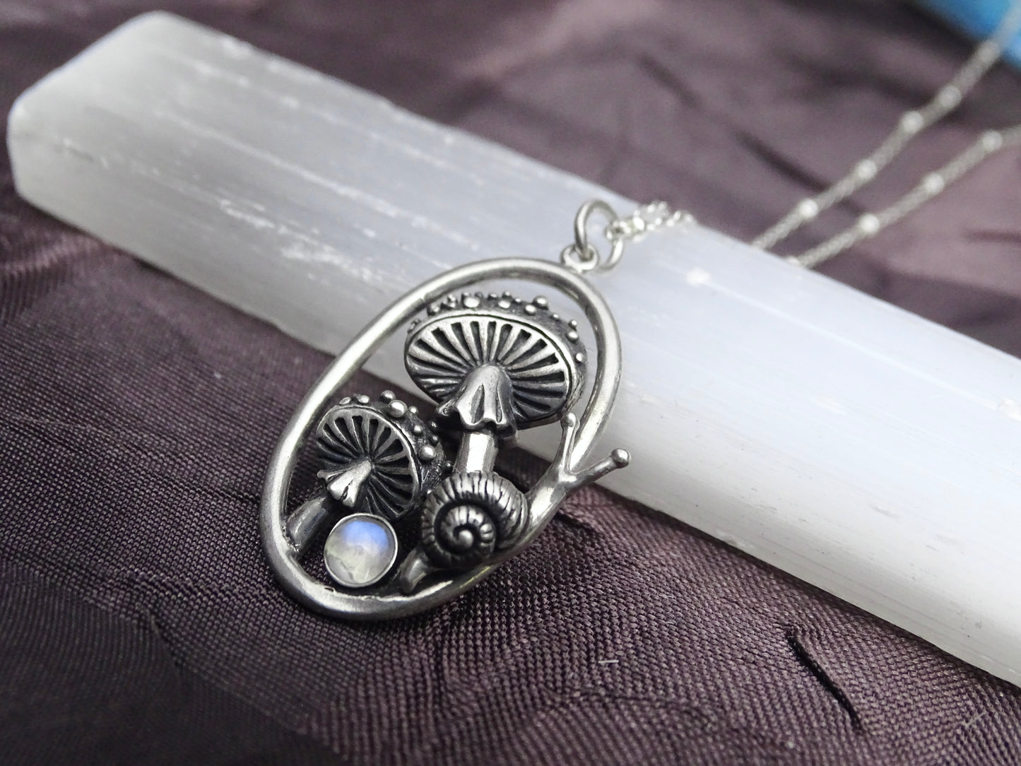 Enchanting Mushroom Snail Pendant, Sterling Silver with Iridescent Moonstone