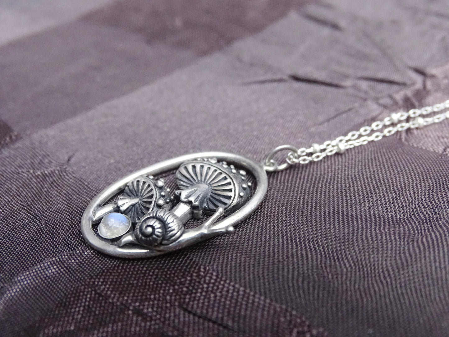 Enchanting Mushroom Snail Pendant, Sterling Silver with Iridescent Moonstone