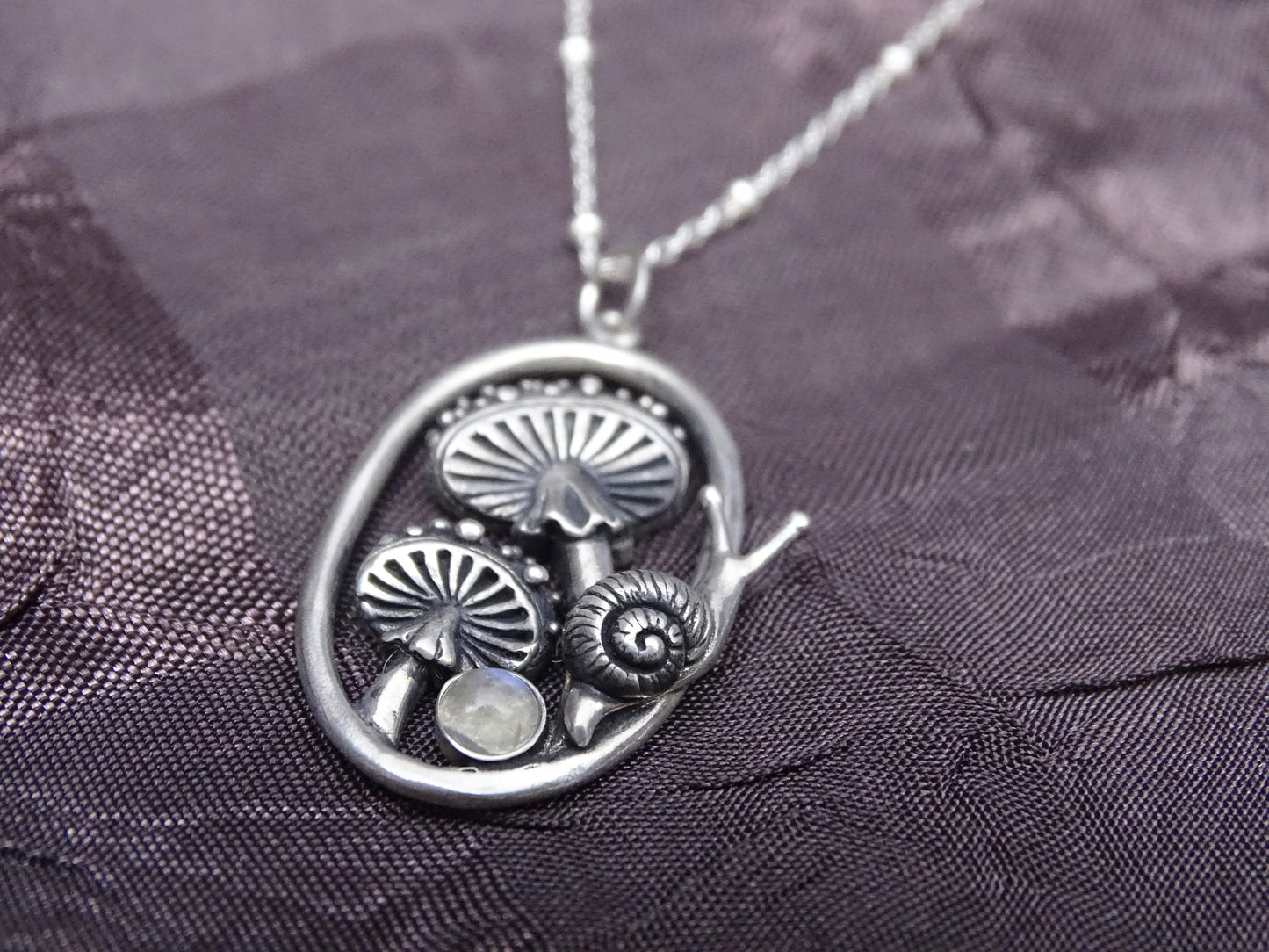 Enchanting Mushroom Snail Pendant, Sterling Silver with Iridescent Moonstone