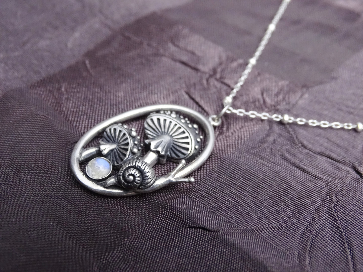 Enchanting Mushroom Snail Pendant, Sterling Silver with Iridescent Moonstone