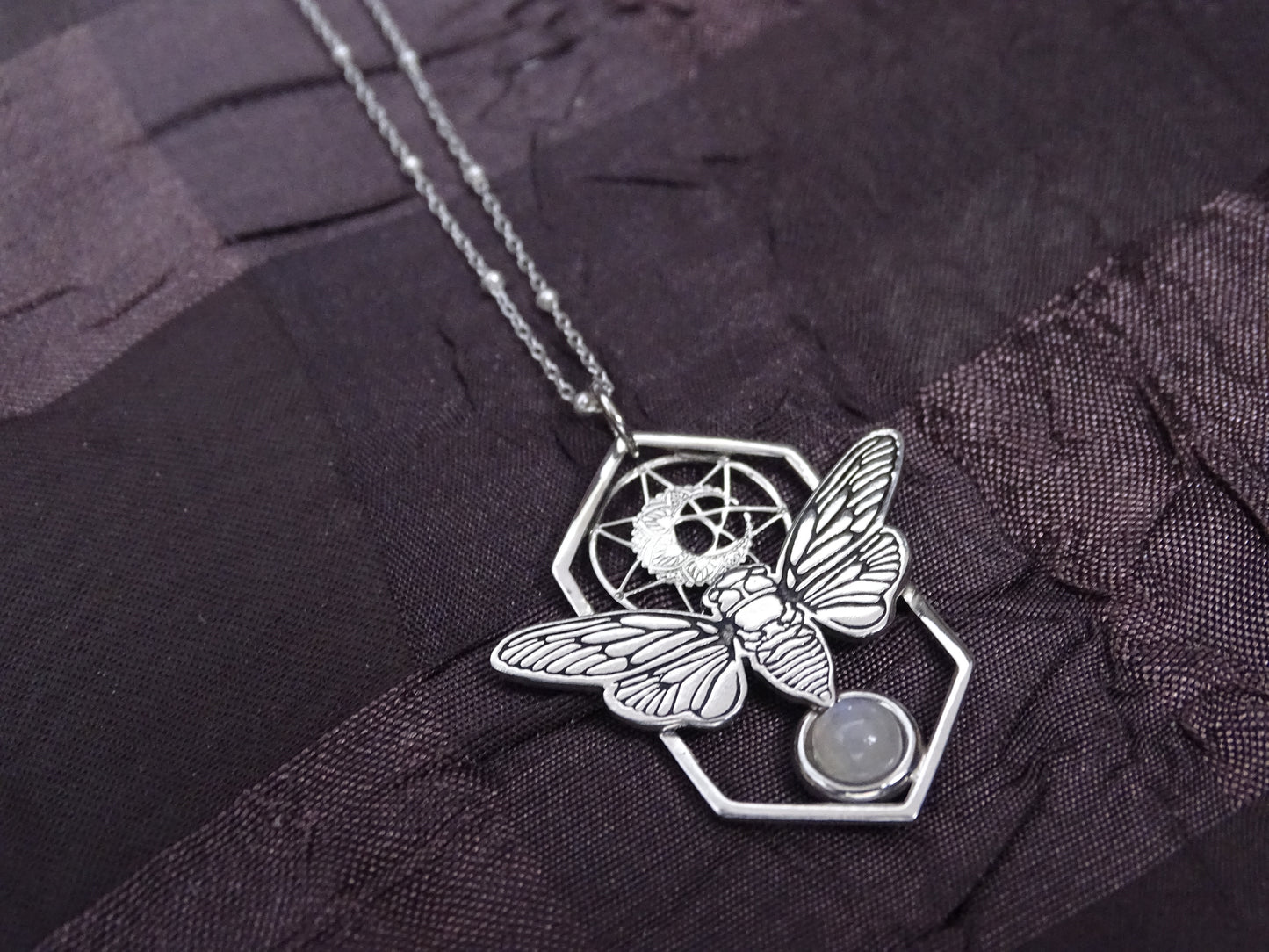Pentagram Moonstone Cicada Necklace - Sterling Silver - The Silver Wing