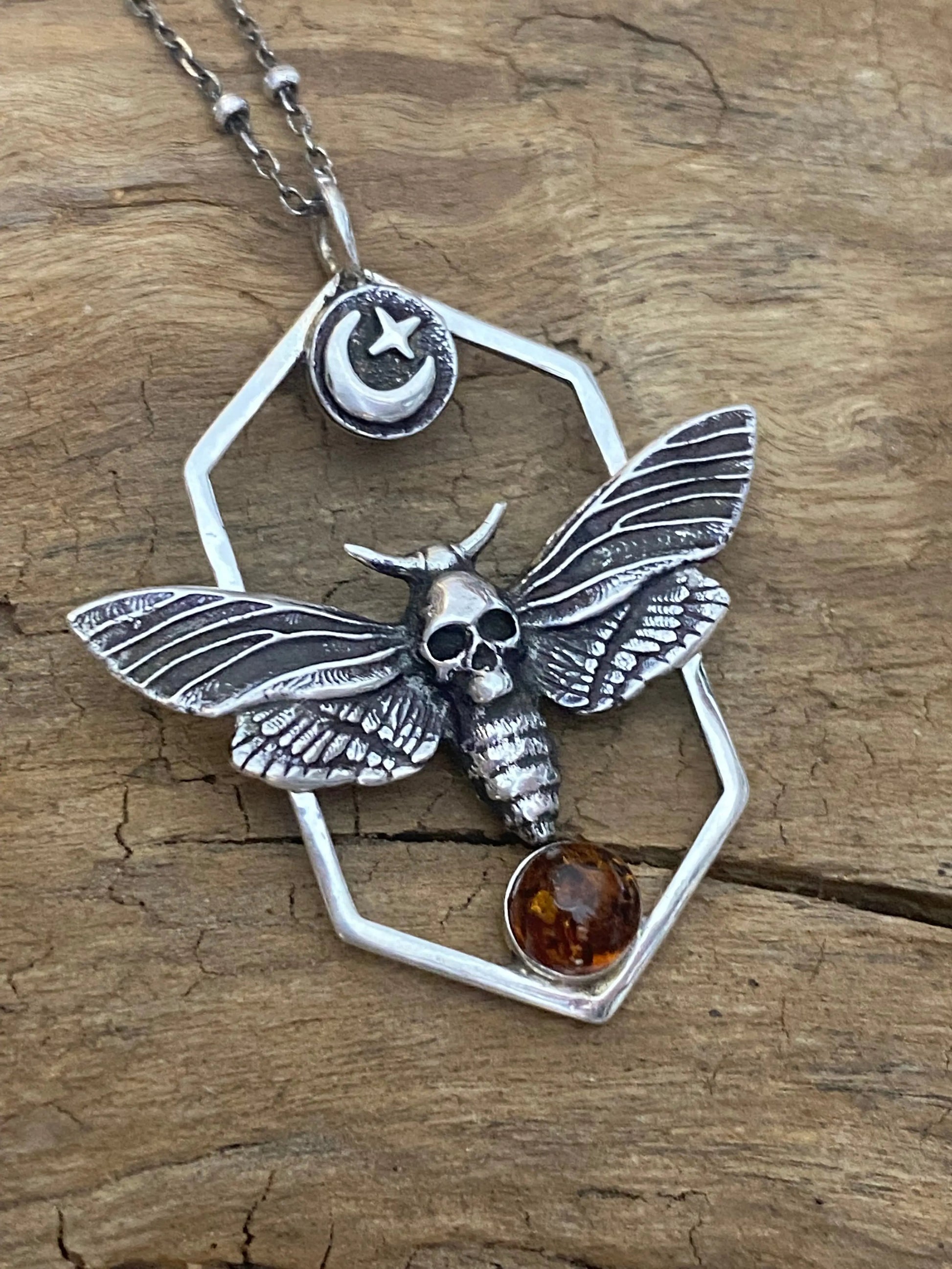 Jasper Sky studio sterling silver Deaths head moth pendant