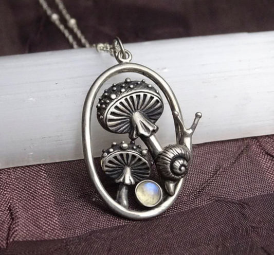 Enchanting Mushroom Snail Pendant, Sterling Silver with Iridescent Moonstone