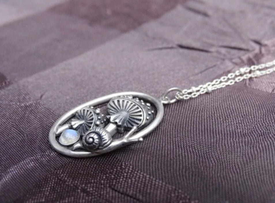 Enchanting Mushroom Snail Pendant, Sterling Silver with Iridescent Moonstone