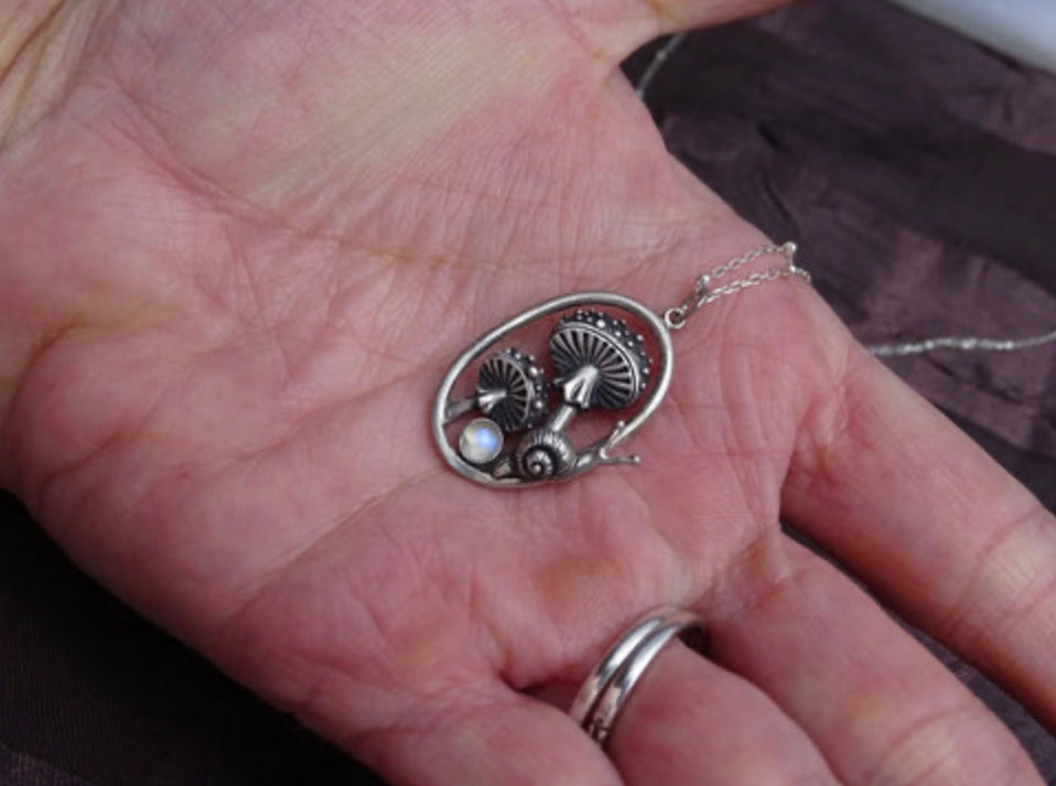 Enchanting Mushroom Snail Pendant, Sterling Silver with Iridescent Moonstone