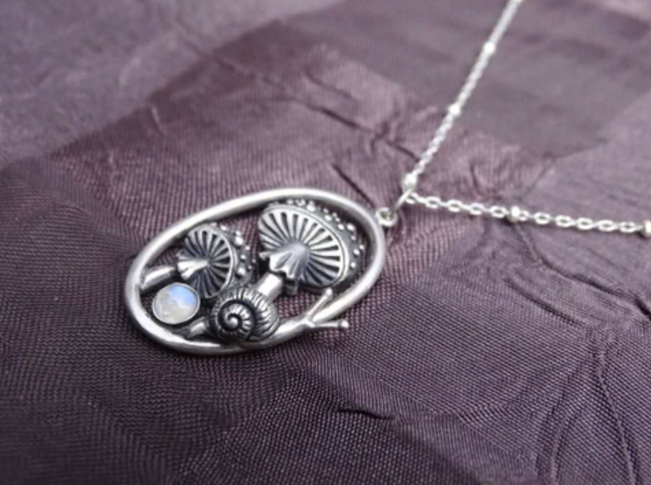 Enchanting Mushroom Snail Pendant, Sterling Silver with Iridescent Moonstone
