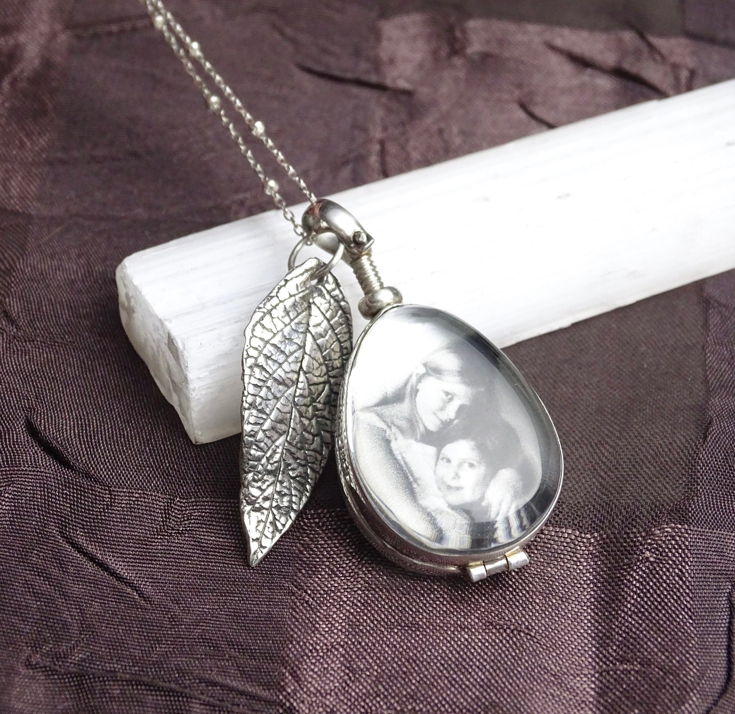 Sterling silver glass photo locket with leaf charm