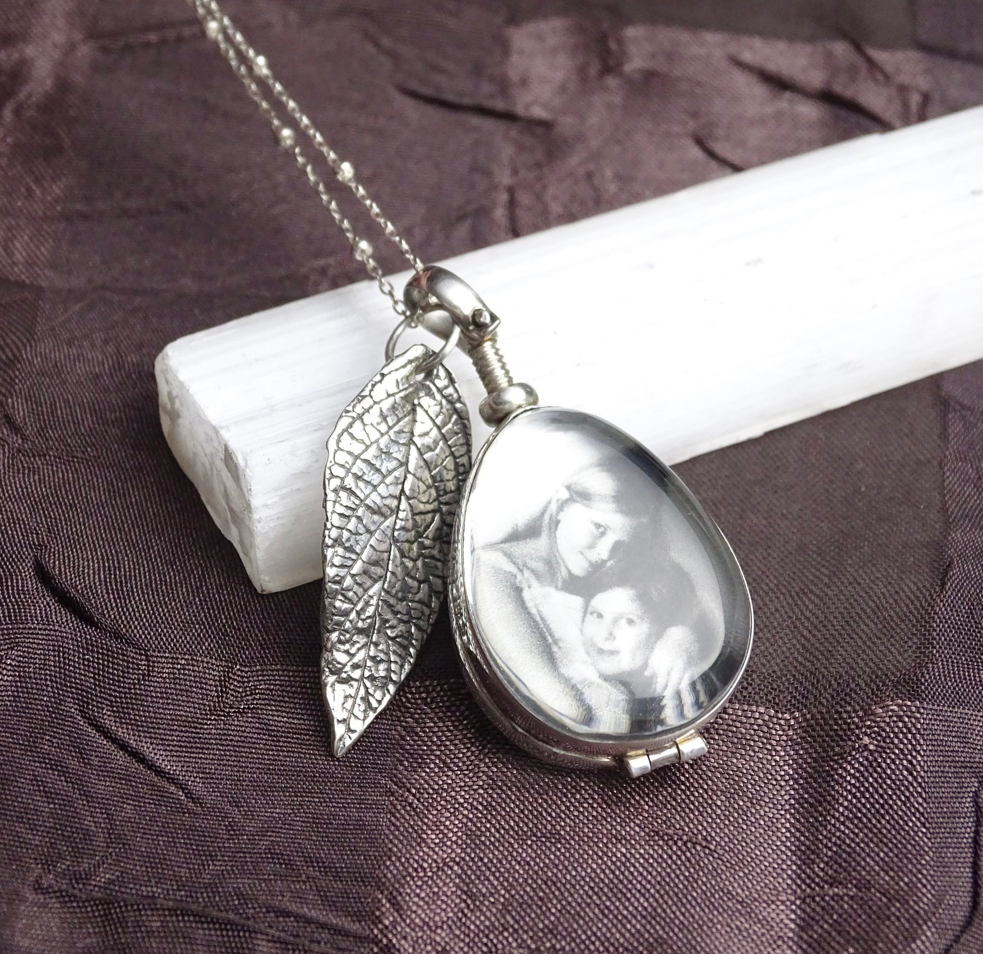 Sterling silver glass photo locket with leaf charm