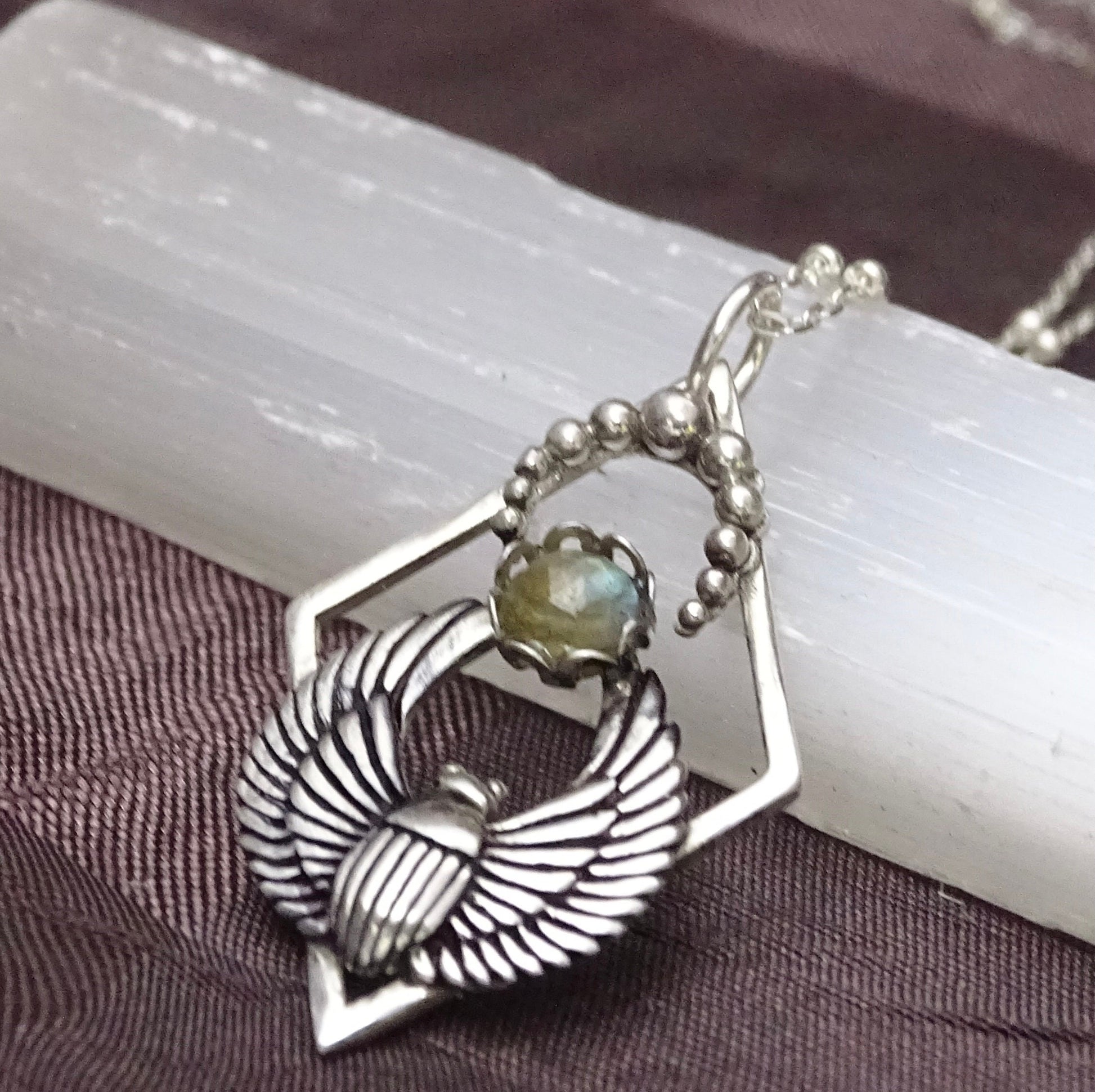 Sterling Silver Labradorite Scarab Beetle Necklace