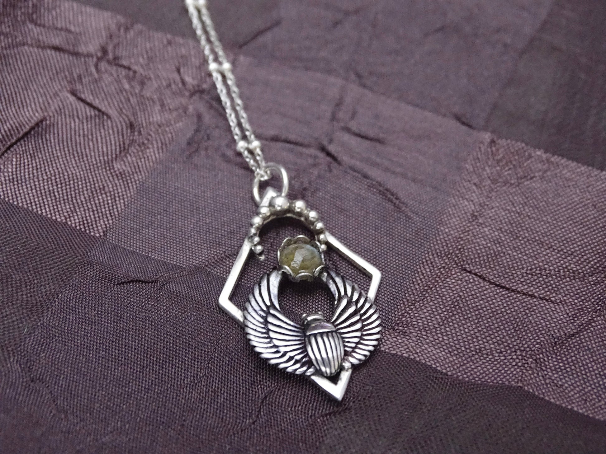 Sterling Silver Labradorite Scarab Beetle Necklace