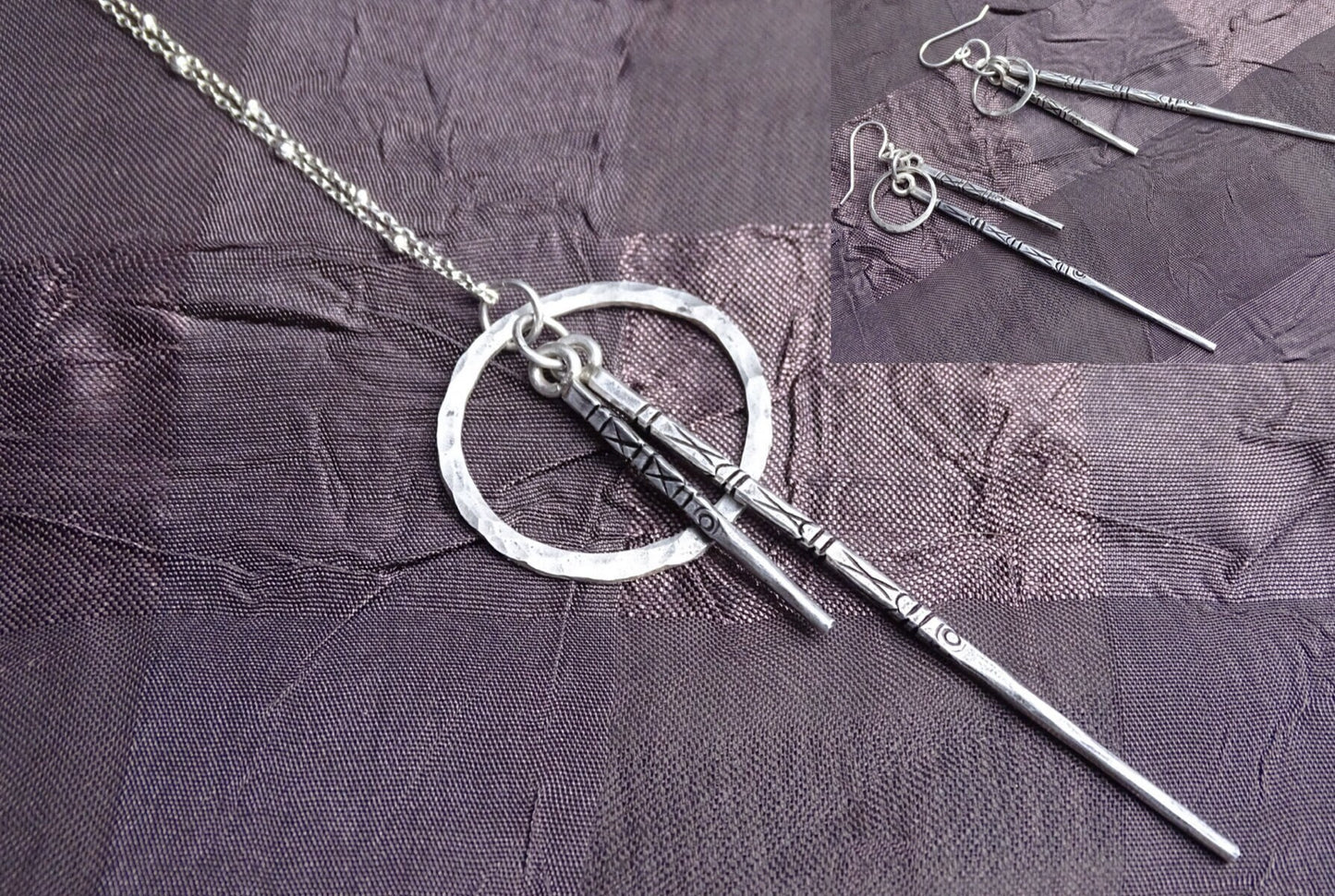 Sterling Silver Spike Pendant  Earrings Set with Etched Design - Unique Jewelry Gift for Her - Gift for Christmas