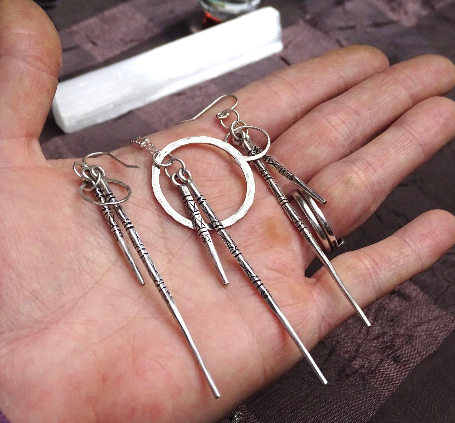 Sterling Silver Spike Pendant  Earrings Set with Etched Design - Unique Jewelry Gift for Her - Gift for Christmas