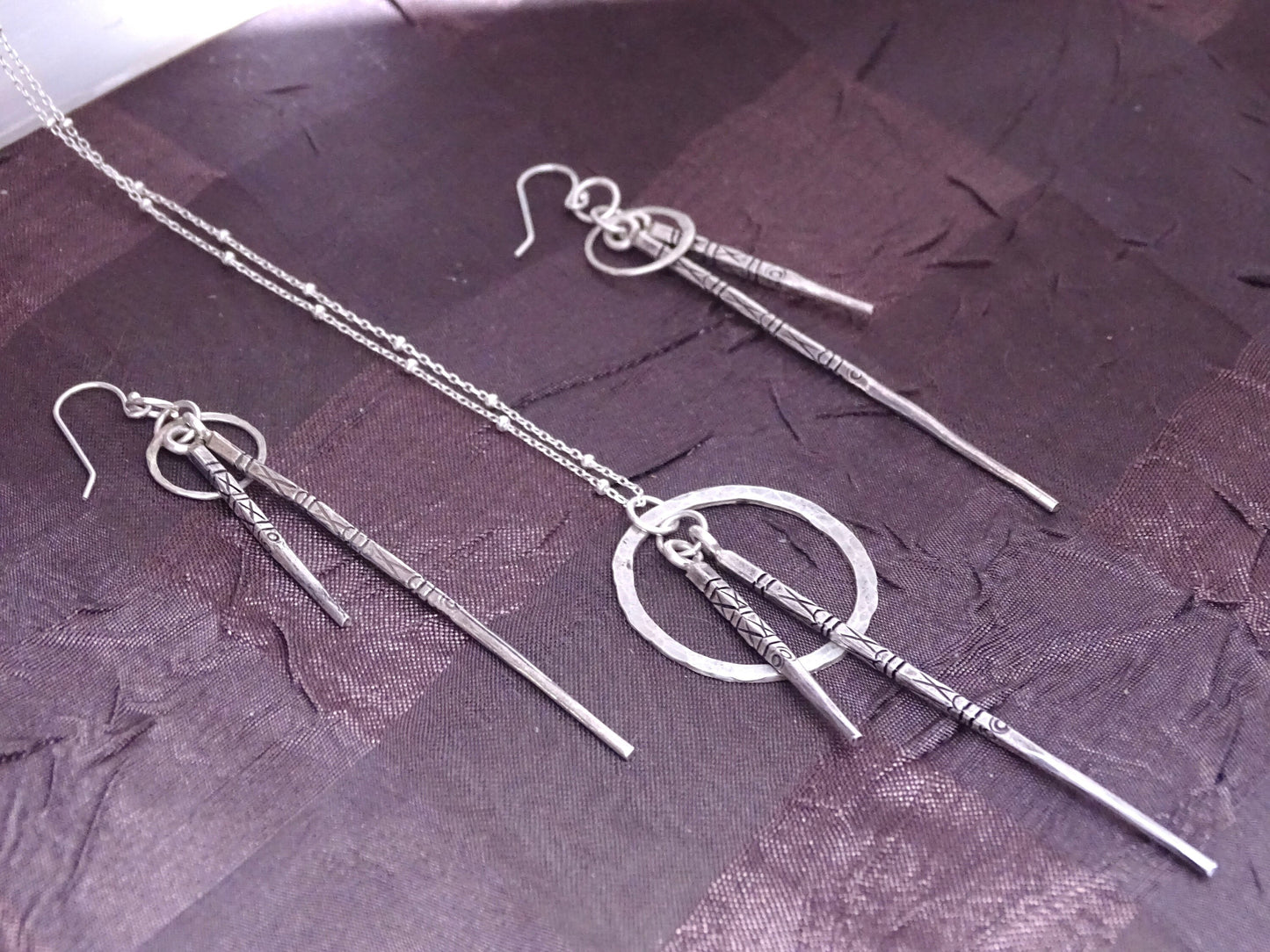 Sterling Silver Spike Pendant  Earrings Set with Etched Design - Unique Jewelry Gift for Her - Gift for Christmas