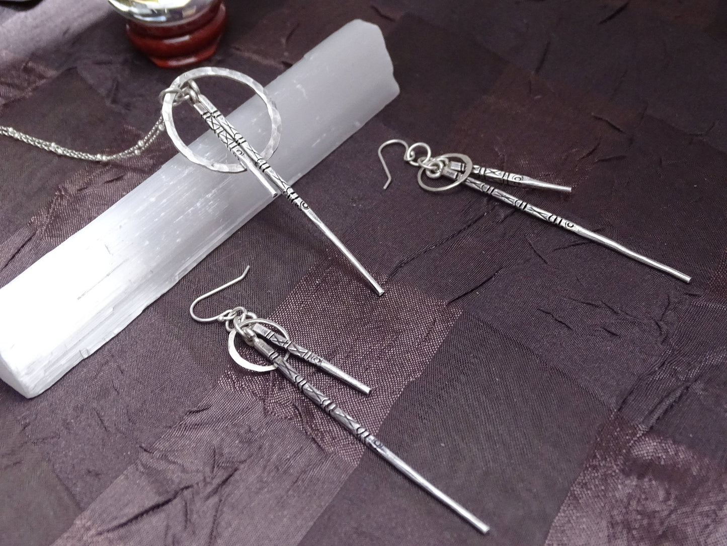 Sterling Silver Spike Pendant  Earrings Set with Etched Design - Unique Jewelry Gift for Her - Gift for Christmas