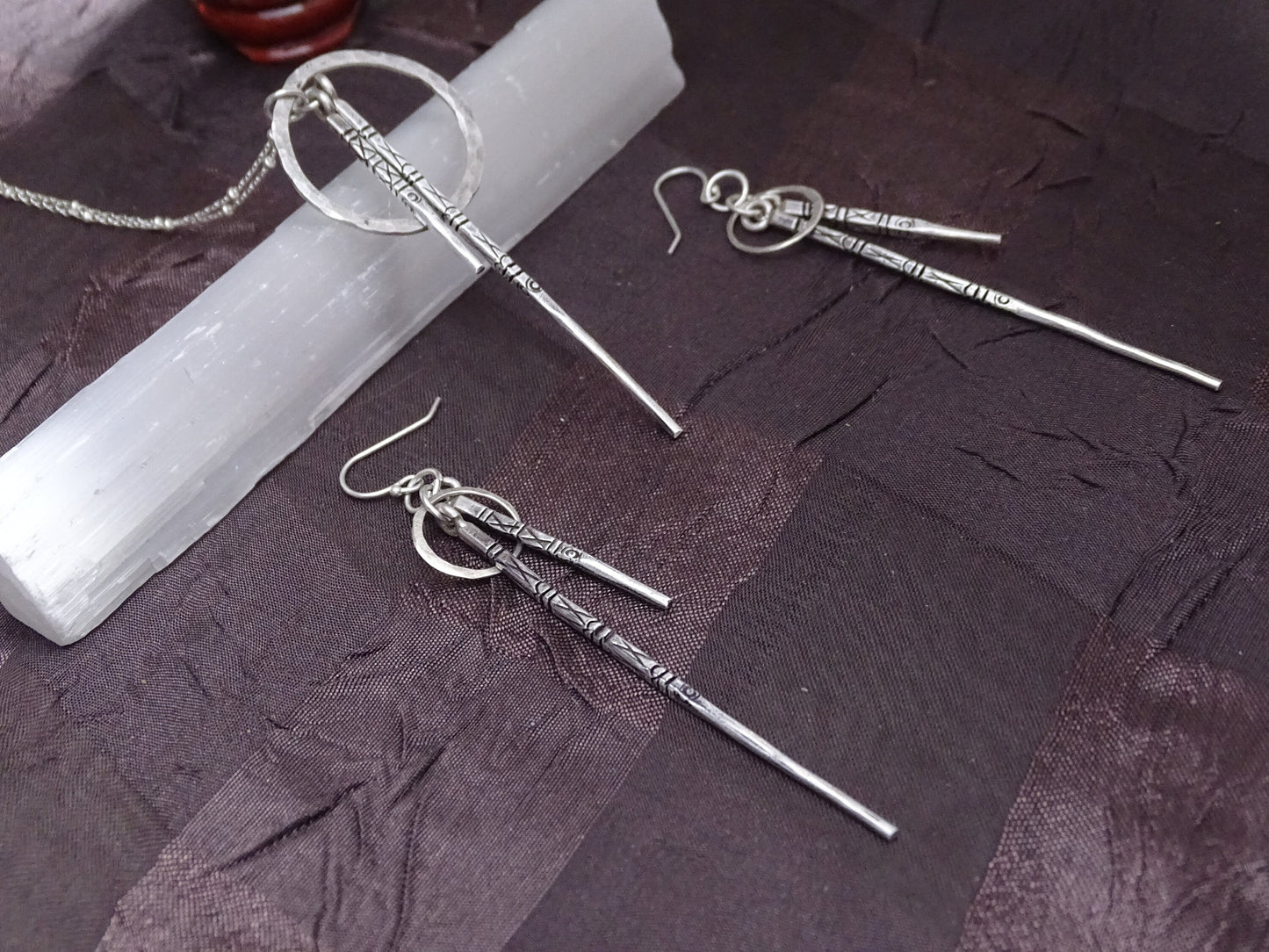 Sterling Silver Spike Pendant  Earrings Set with Etched Design - Unique Jewelry Gift for Her - Gift for Christmas