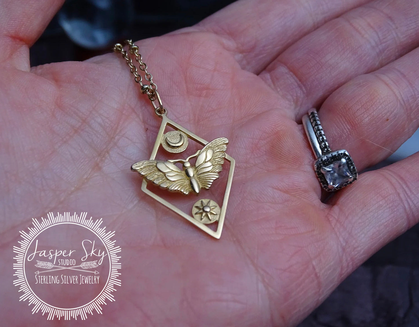 Enchanting Moon and Sun Butterfly Pendant Necklace in Gold Bronze - Perfect Gift for Nature Lovers - Celestial Jewelry  - Christmas Gift
