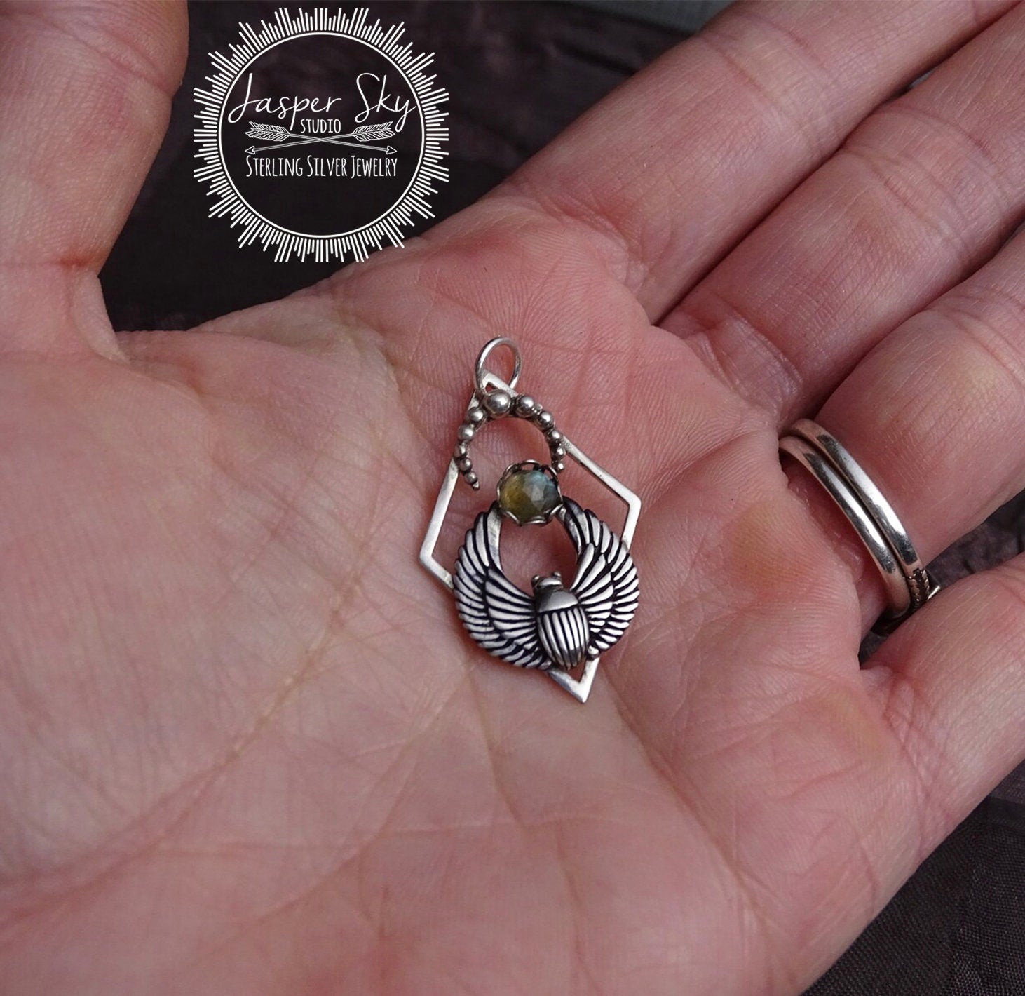 Sterling Silver Labradorite Scarab Beetle Necklace