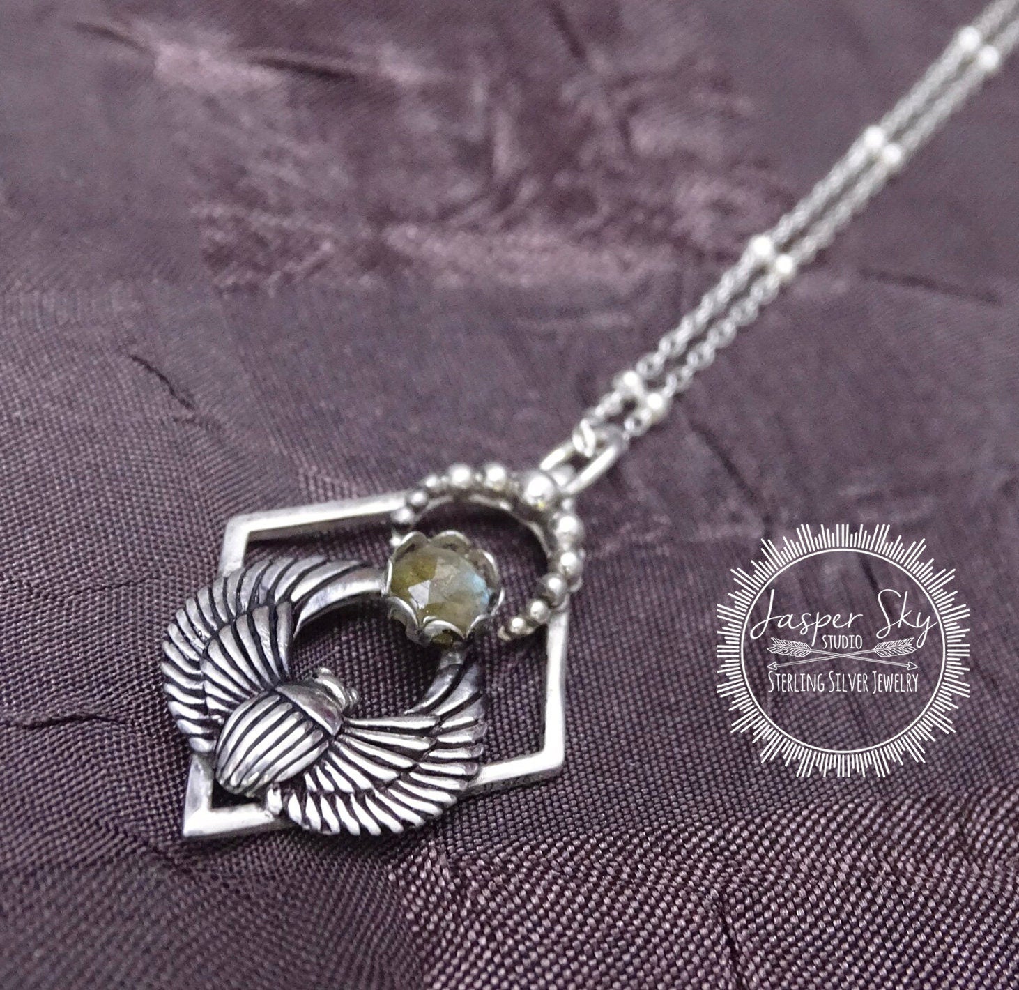 Sterling Silver Labradorite Scarab Beetle Necklace