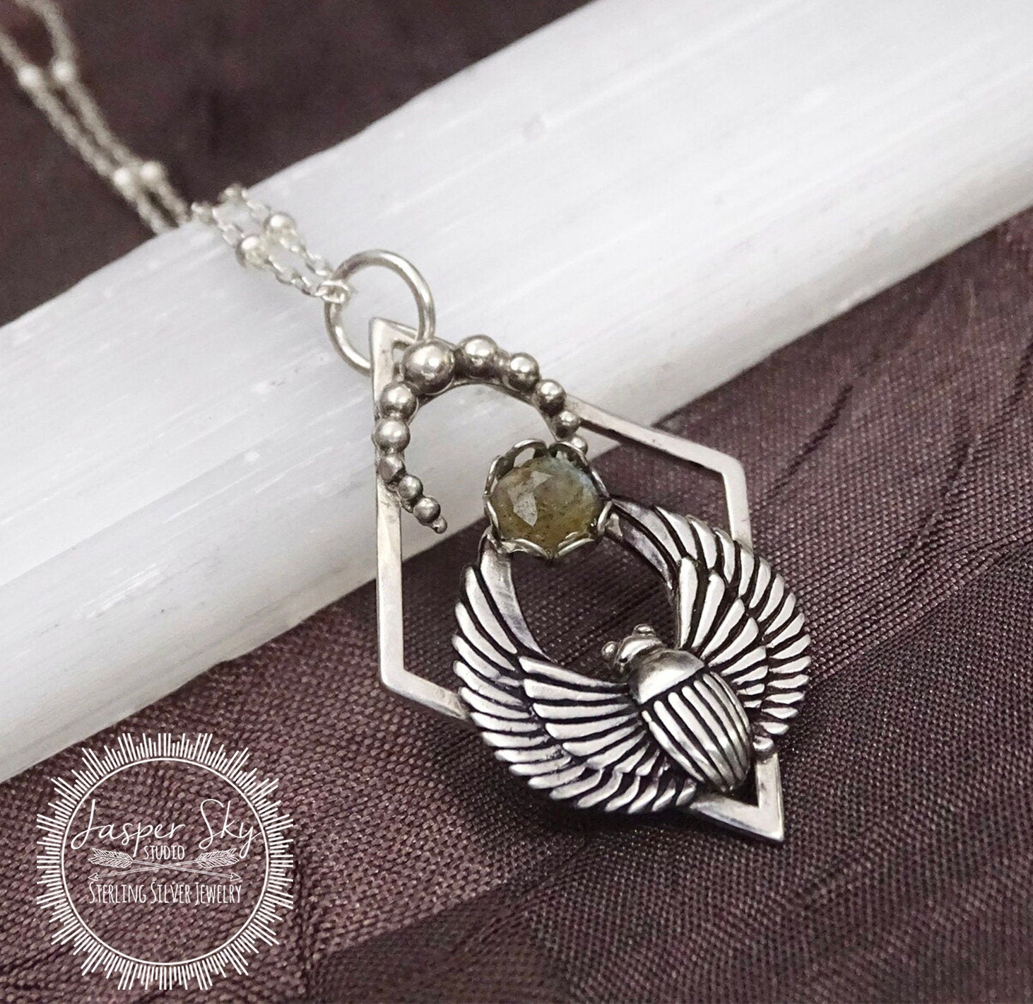 Sterling Silver Labradorite Scarab Beetle Necklace