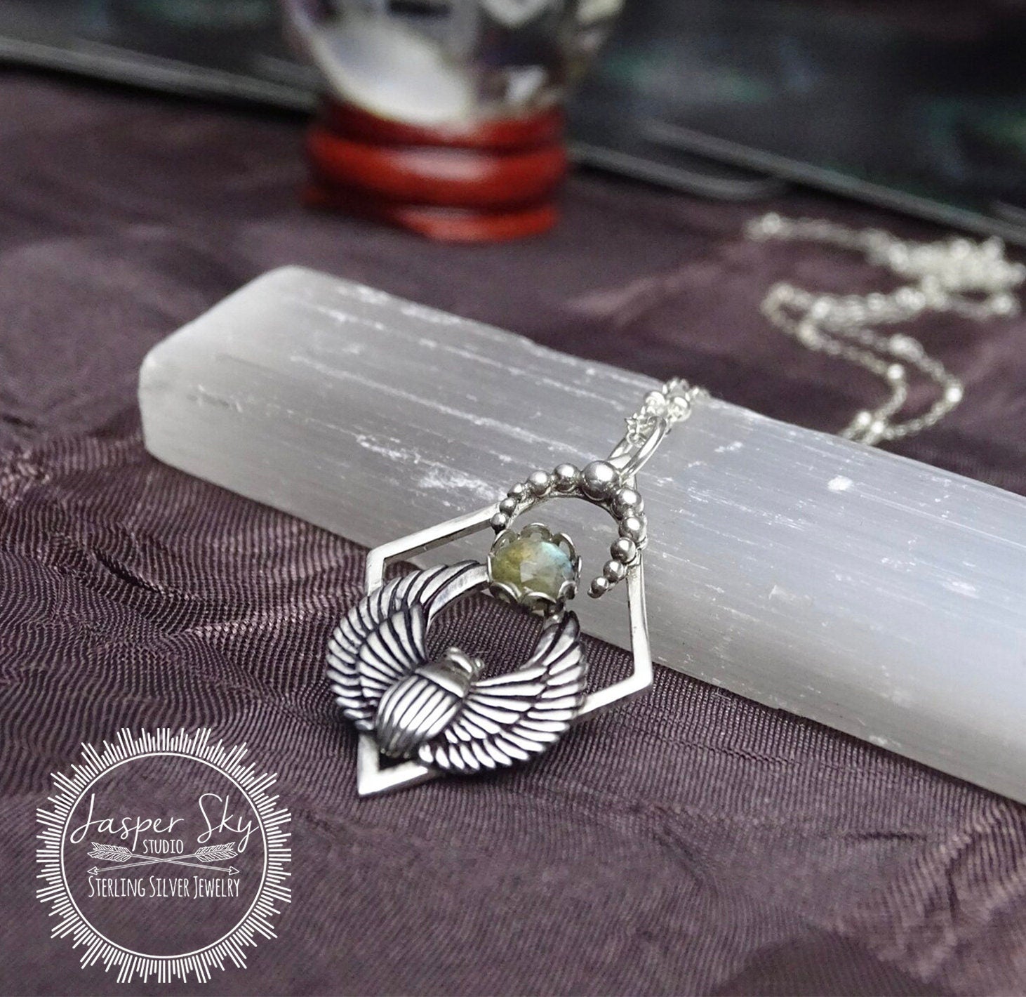 Sterling Silver Labradorite Scarab Beetle Necklace