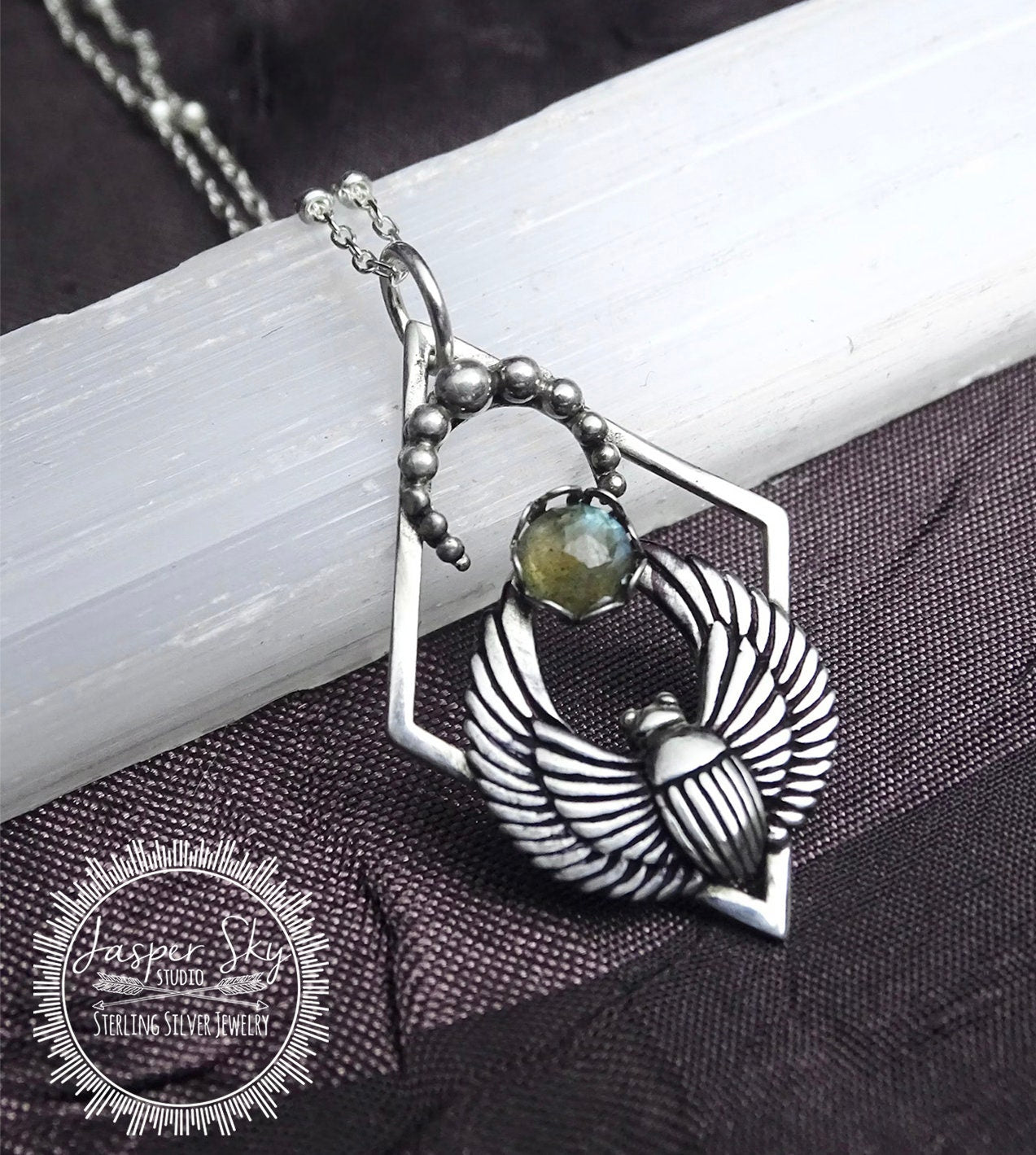 Sterling Silver Labradorite Scarab Beetle Necklace