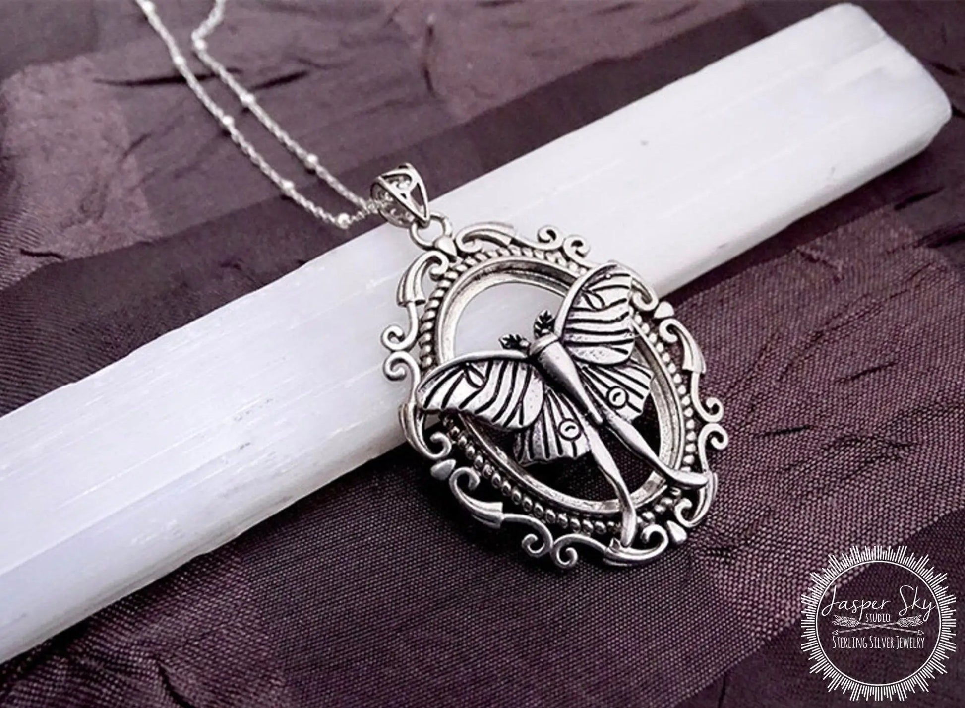Sterling Silver Luna Moth Cameo Necklace