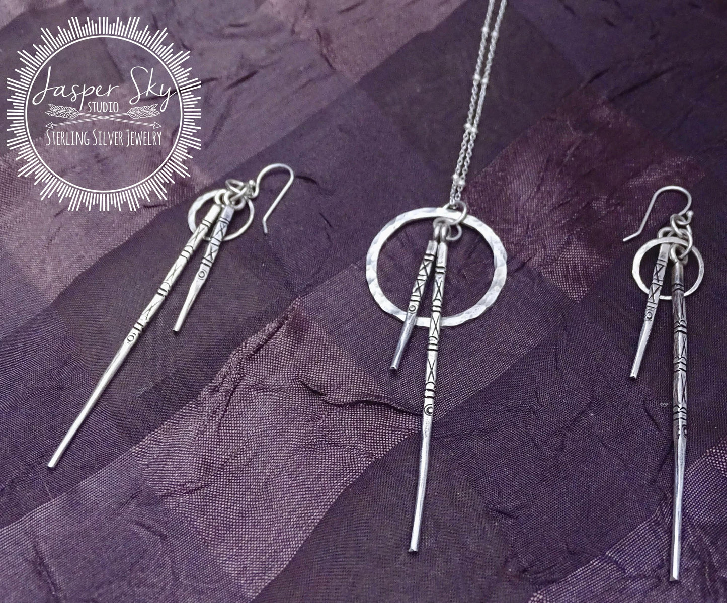 Sterling Silver Spike Pendant  Earrings Set with Etched Design - Unique Jewelry Gift for Her - Gift for Christmas