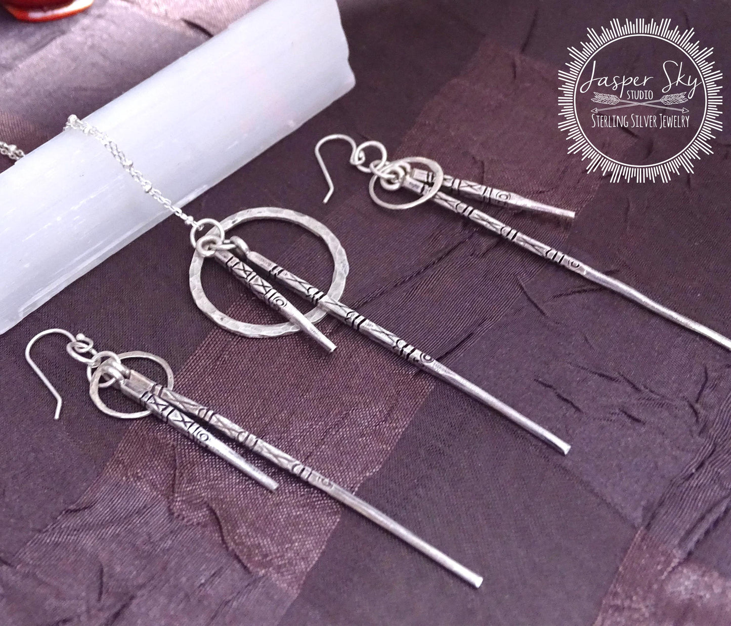 Sterling Silver Spike Pendant  Earrings Set with Etched Design - Unique Jewelry Gift for Her - Gift for Christmas