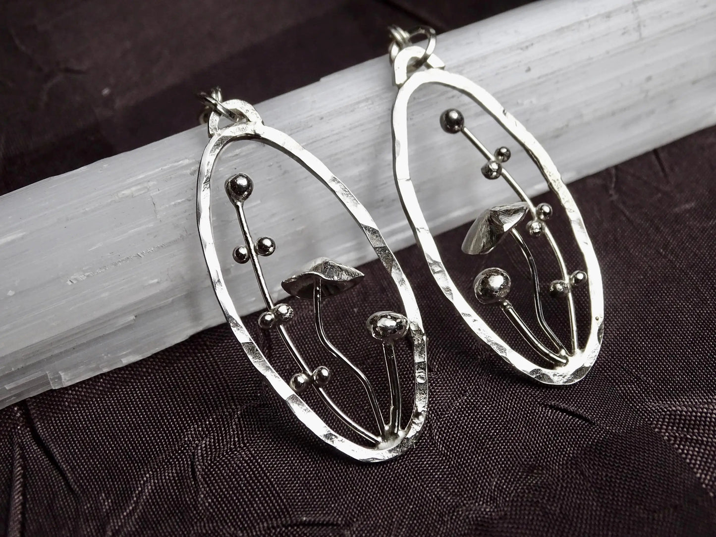 Handmade Sterling Silver Mushroom Earrings in Nature-Inspired Hammered Frame - Perfect Gift for Her - Gift for Christmas