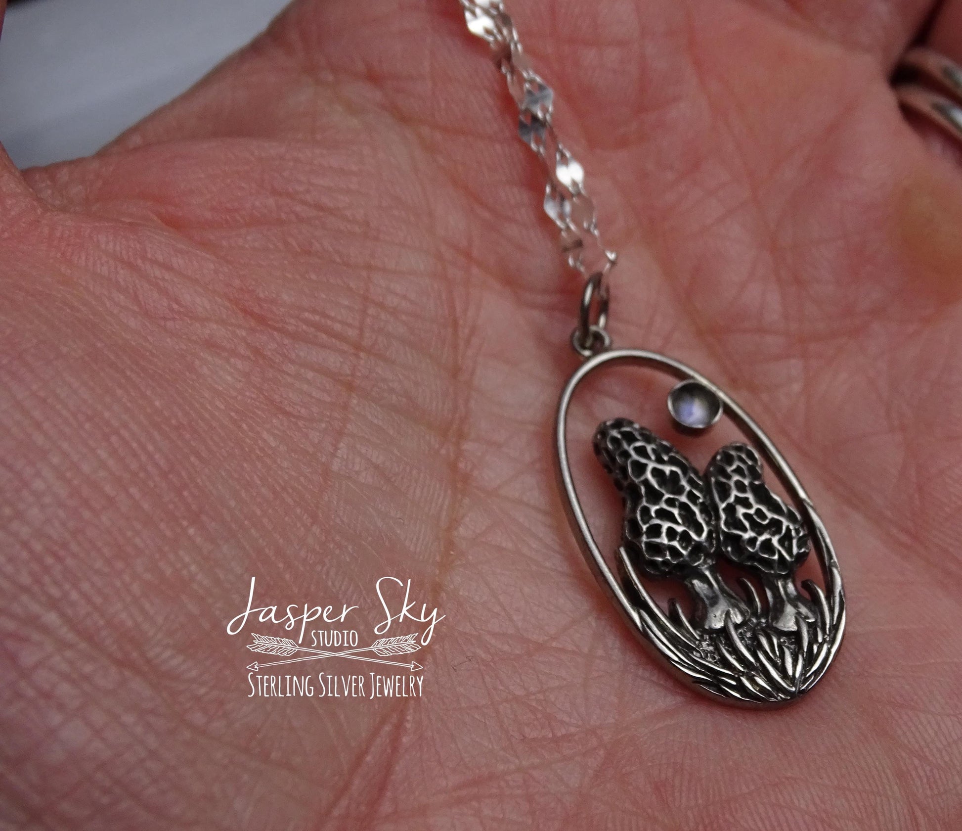 Morel mushroom pendant with moonstone