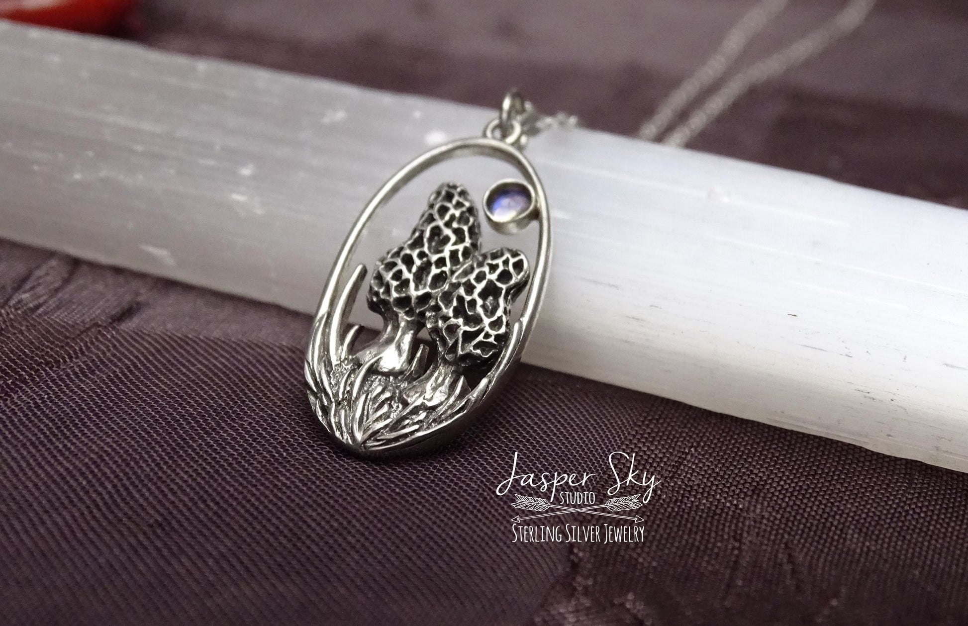 Morel mushroom pendant with moonstone