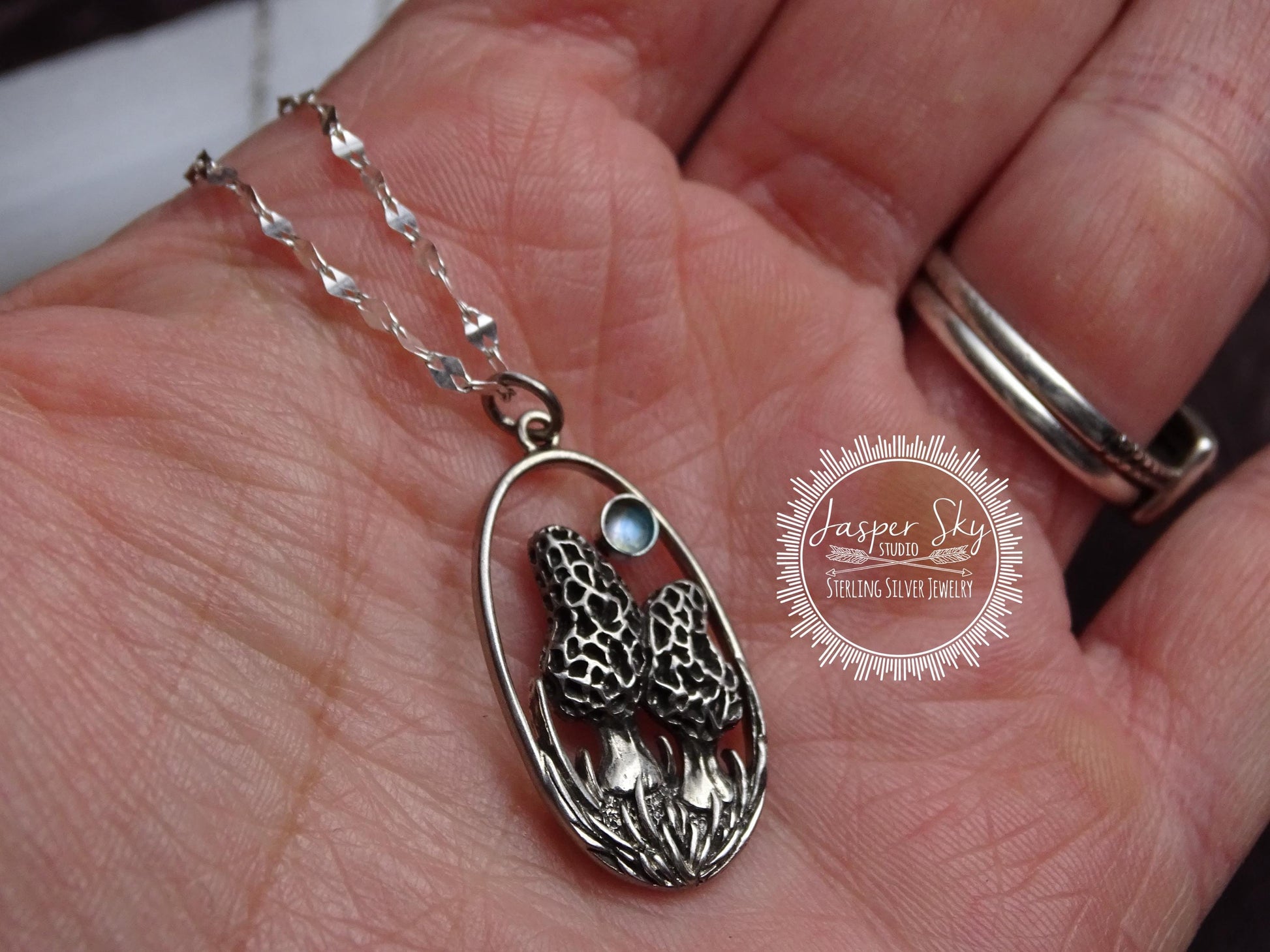 Morel mushroom pendant with moonstone