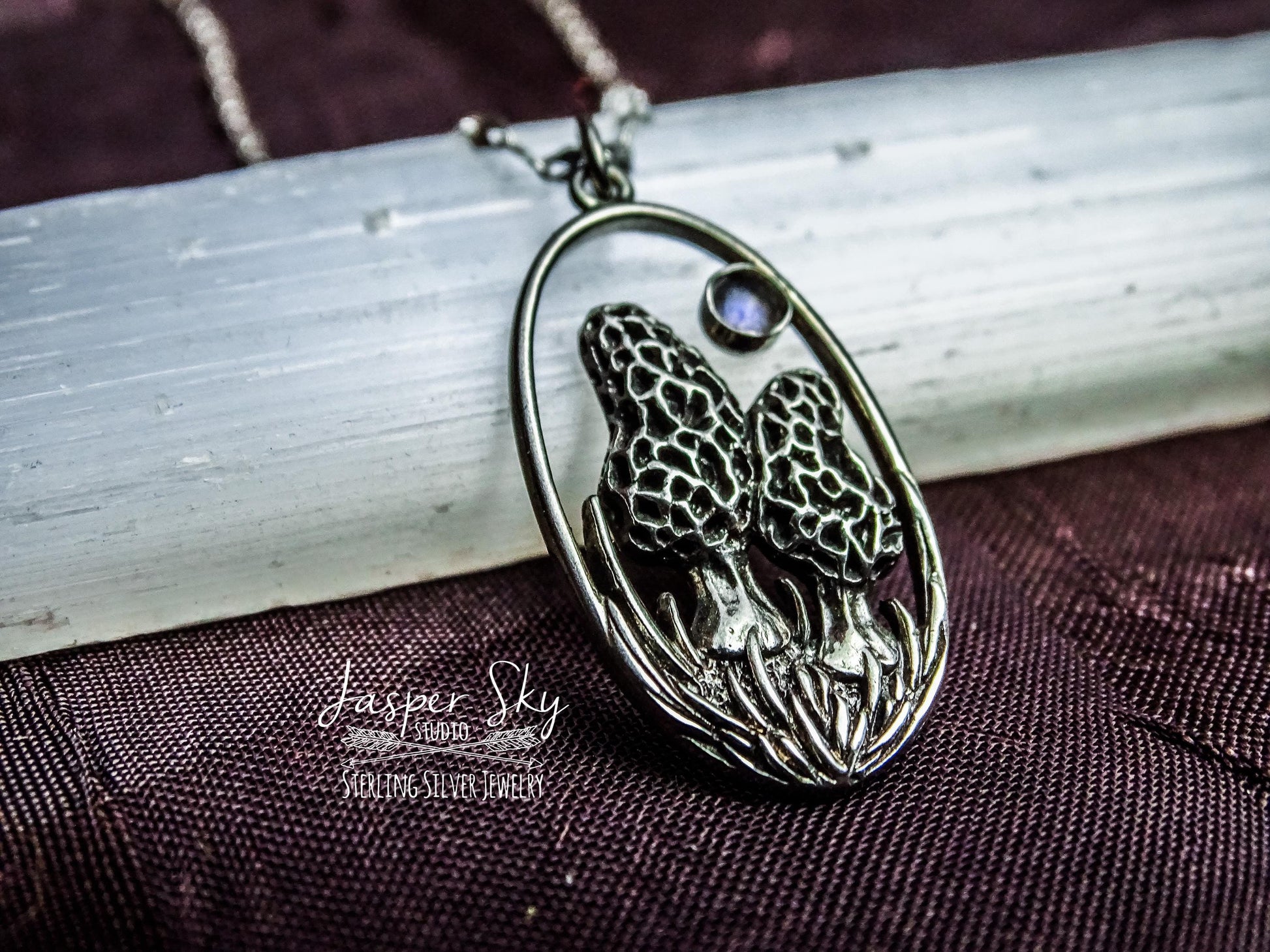 Morel mushroom pendant with moonstone