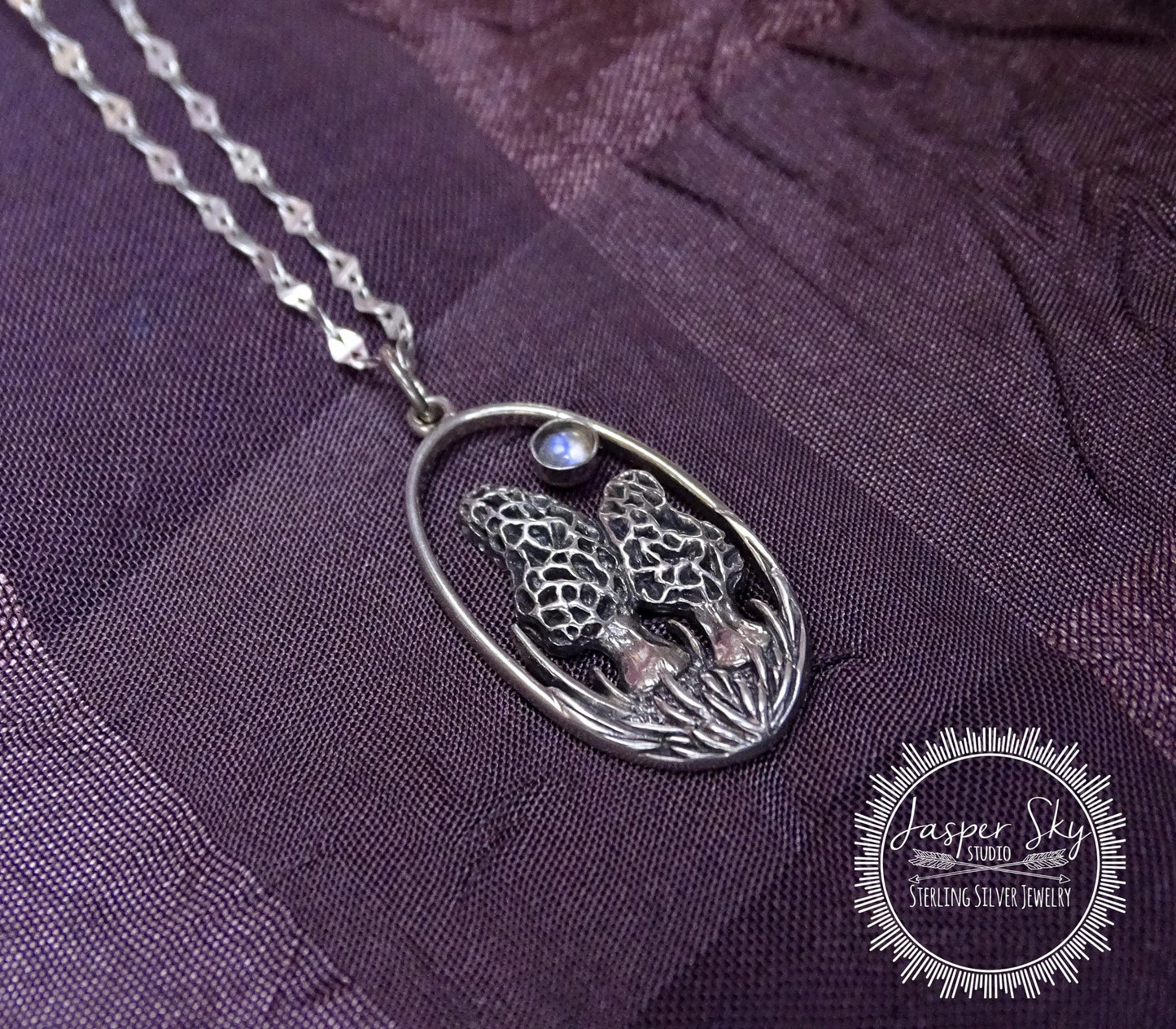 Morel mushroom pendant with moonstone