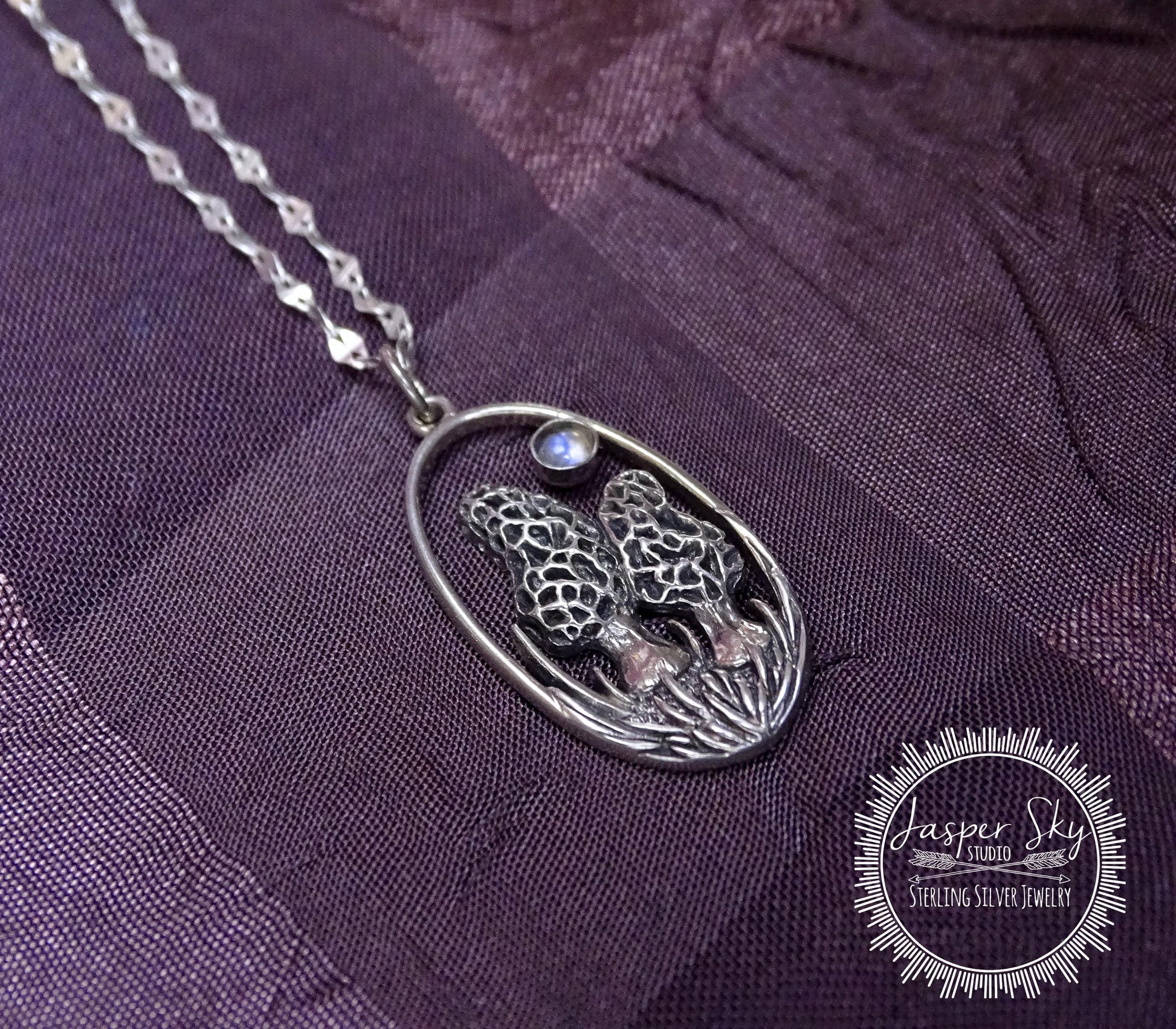 Morel mushroom pendant with moonstone