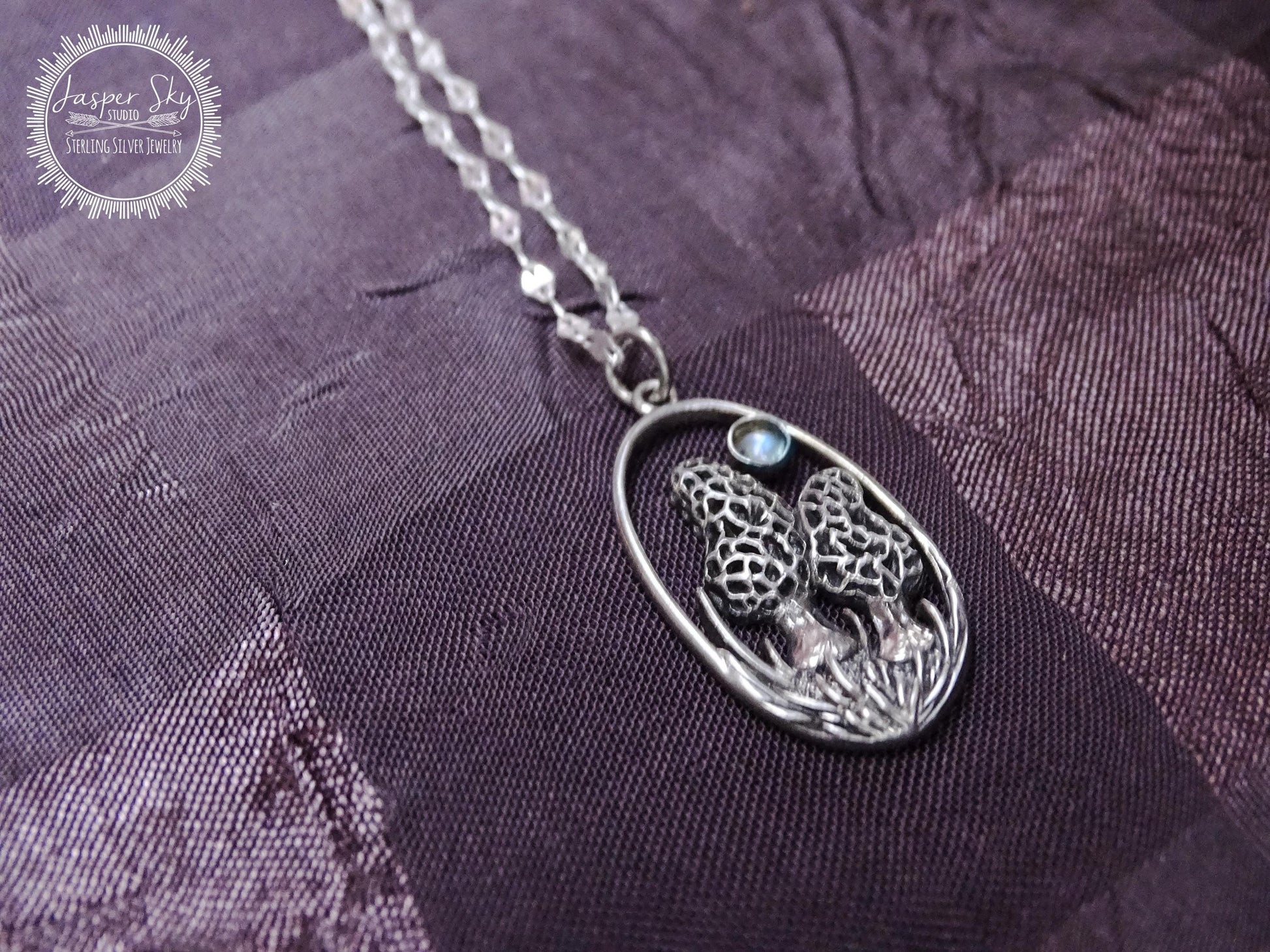 Morel mushroom pendant with moonstone