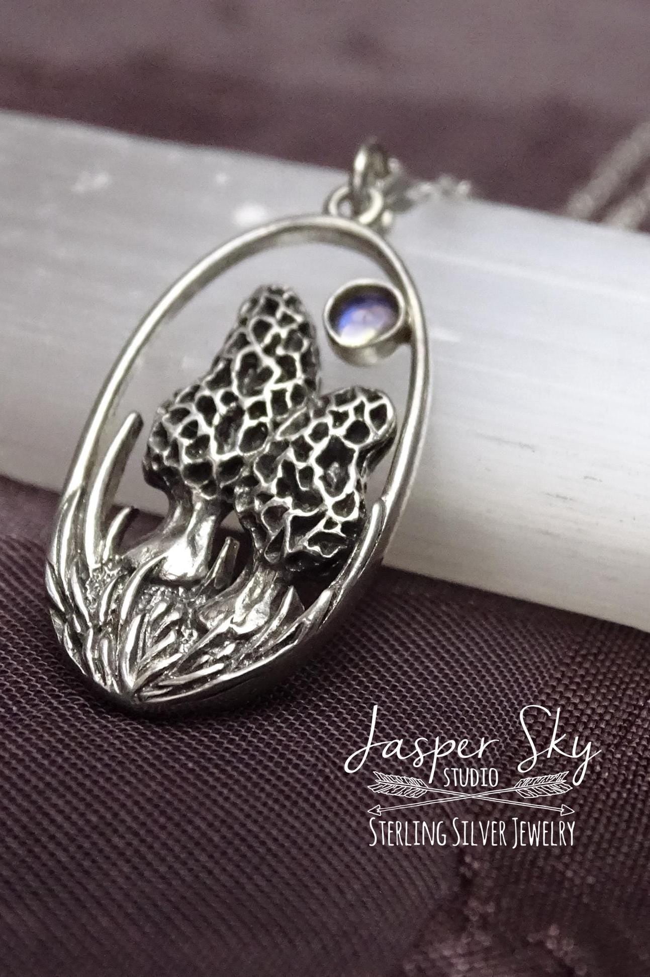 Morel mushroom pendant with moonstone
