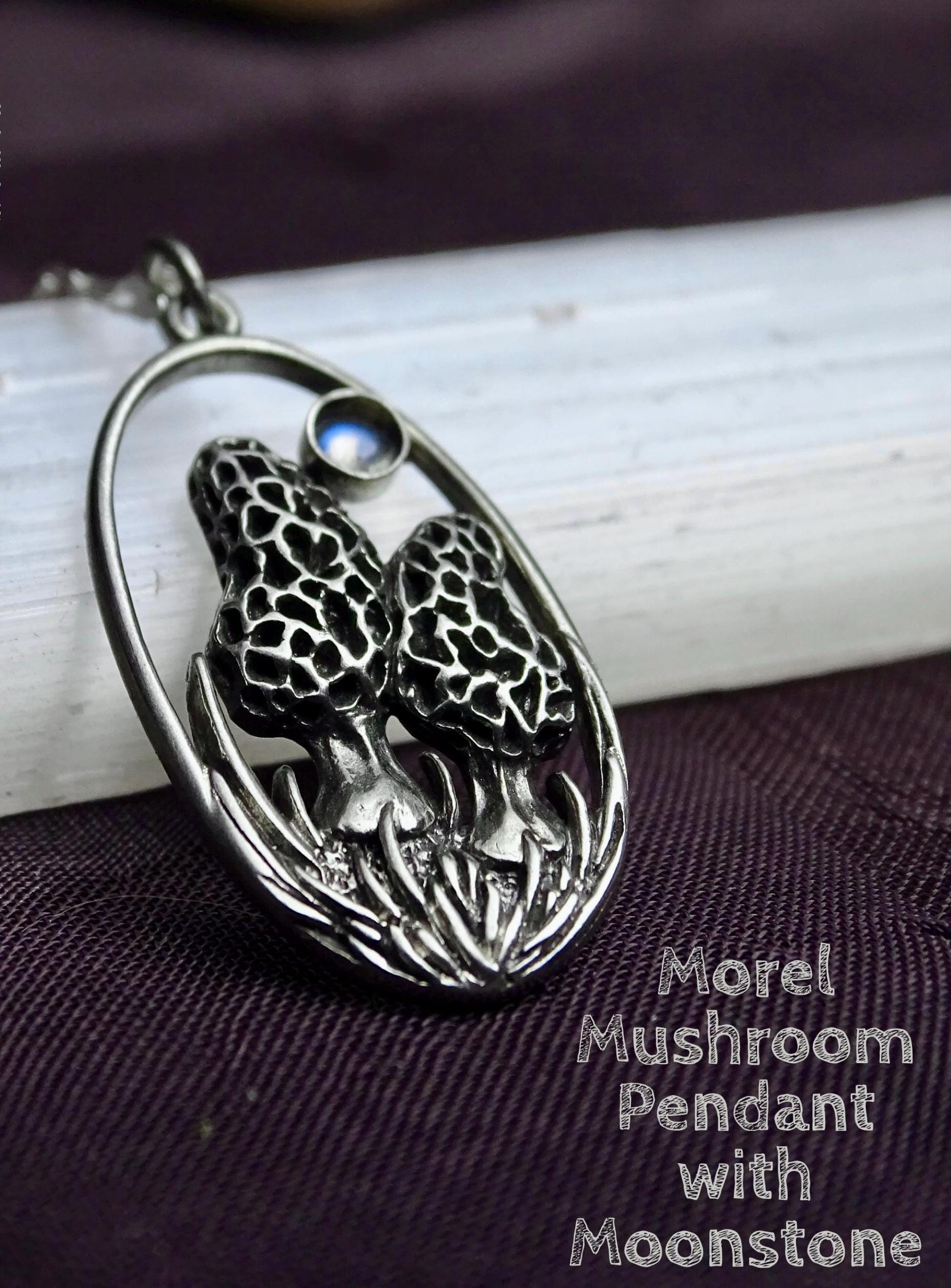 Morel mushroom pendant with moonstone