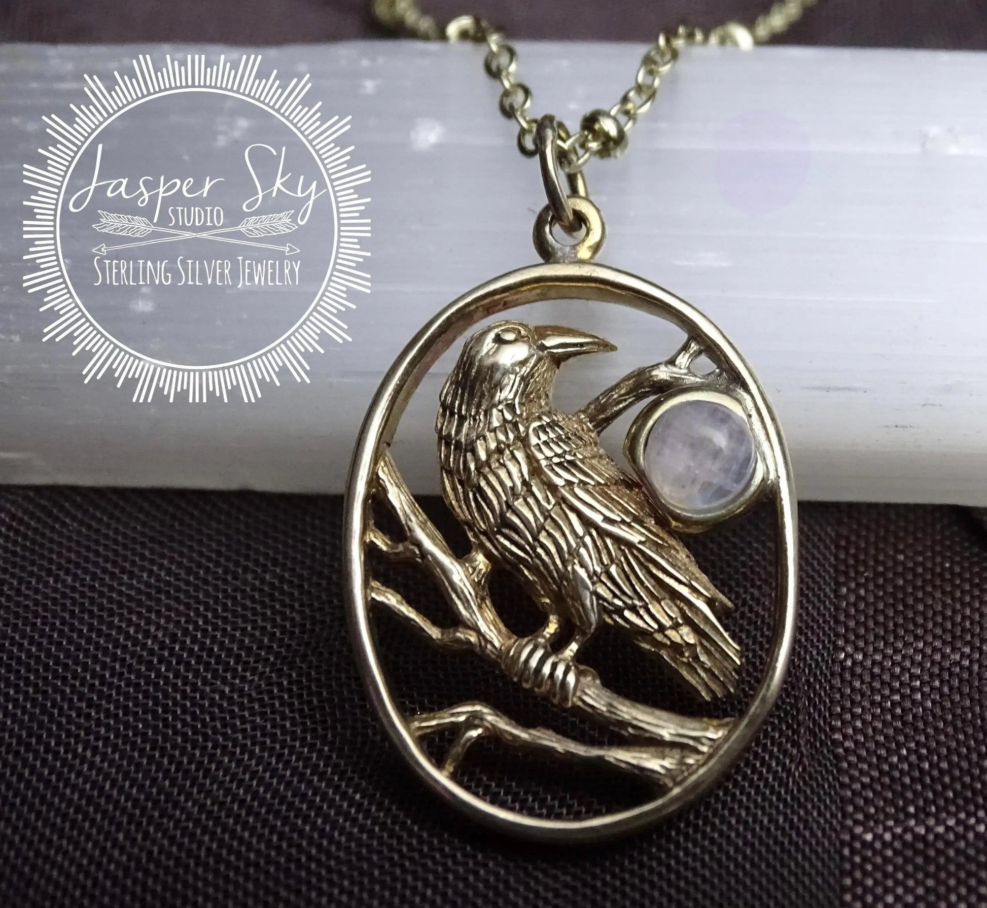 Gold Raven Necklace with Moonstone