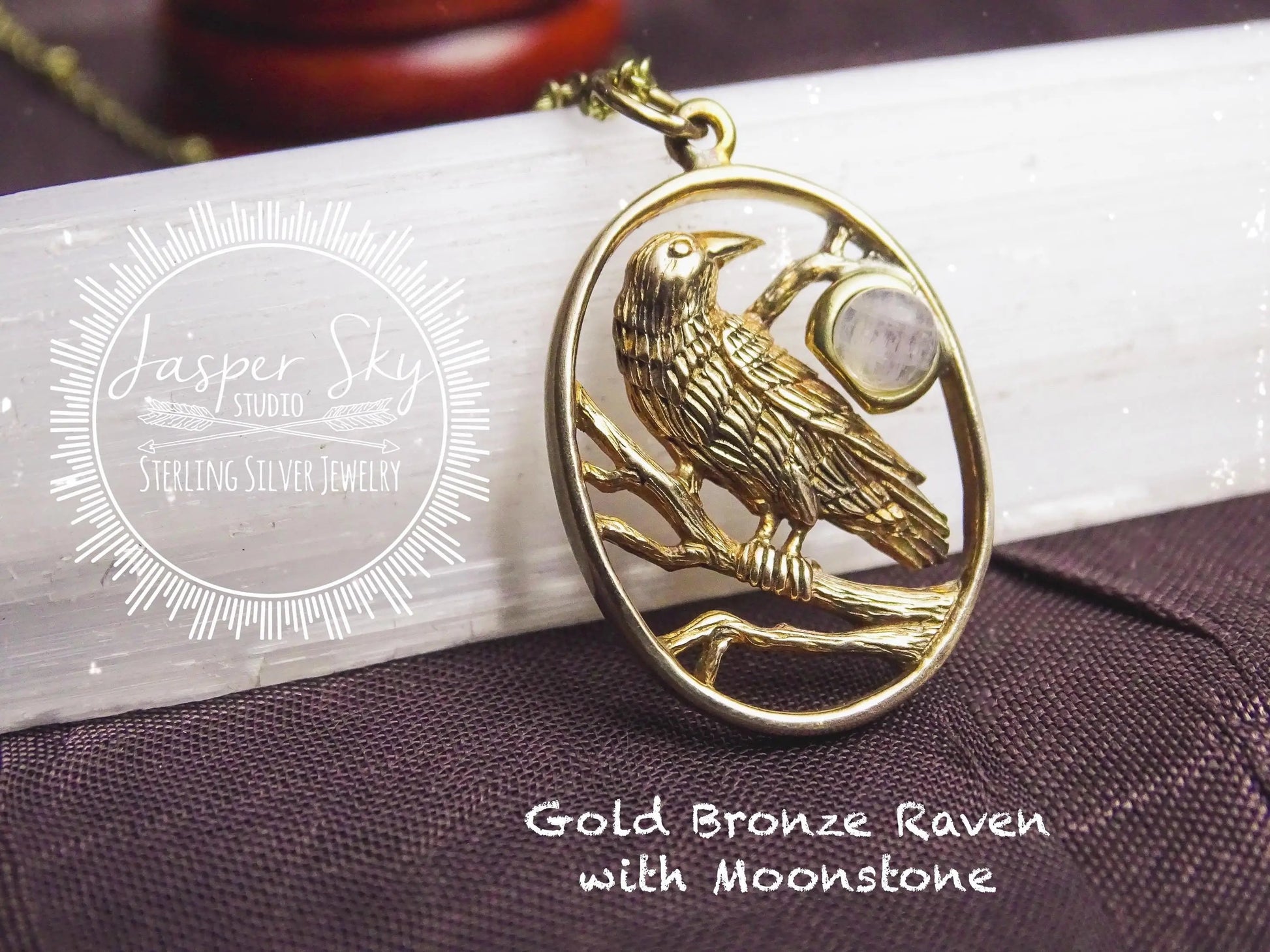 Gold Raven Necklace with Moonstone