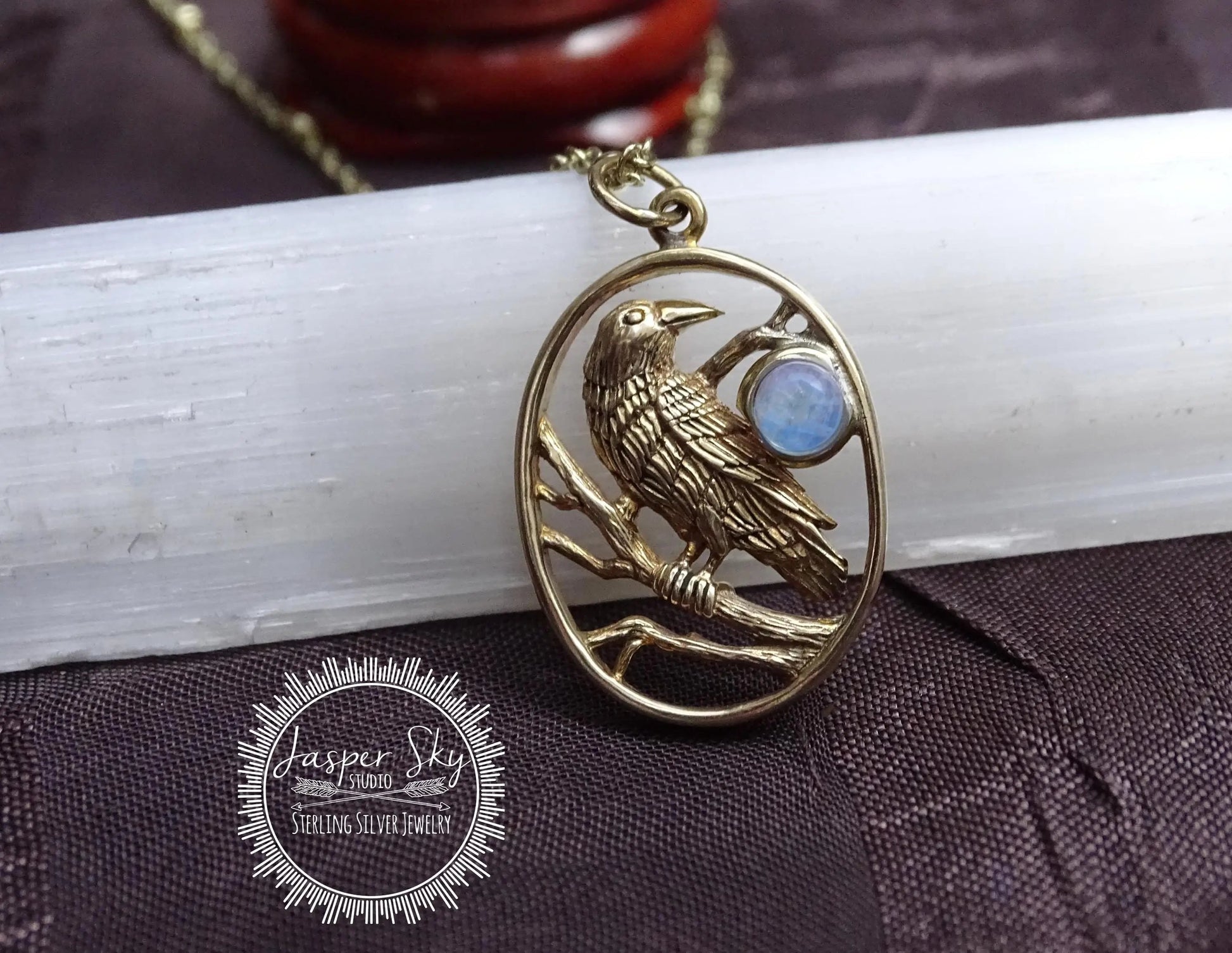 Gold Raven Necklace with Moonstone